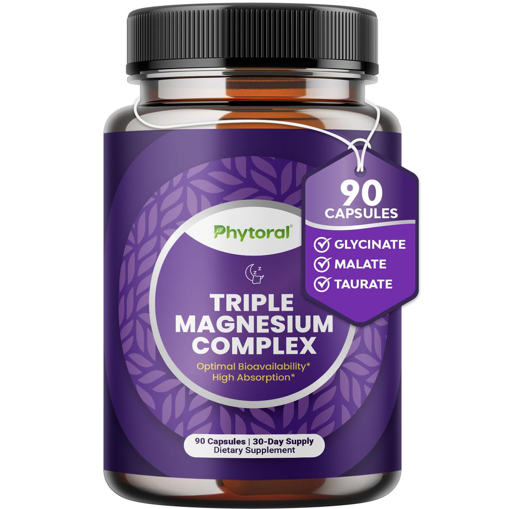 Highly Potent Magnesium Complex Capsules - Triple Magnesium Blend with Taurate Glycinate and Malate - 400mg Supplement Supports Relaxation & Overall Wellness Non-GMO Vegan - 90 Count Phytoral Au supplements