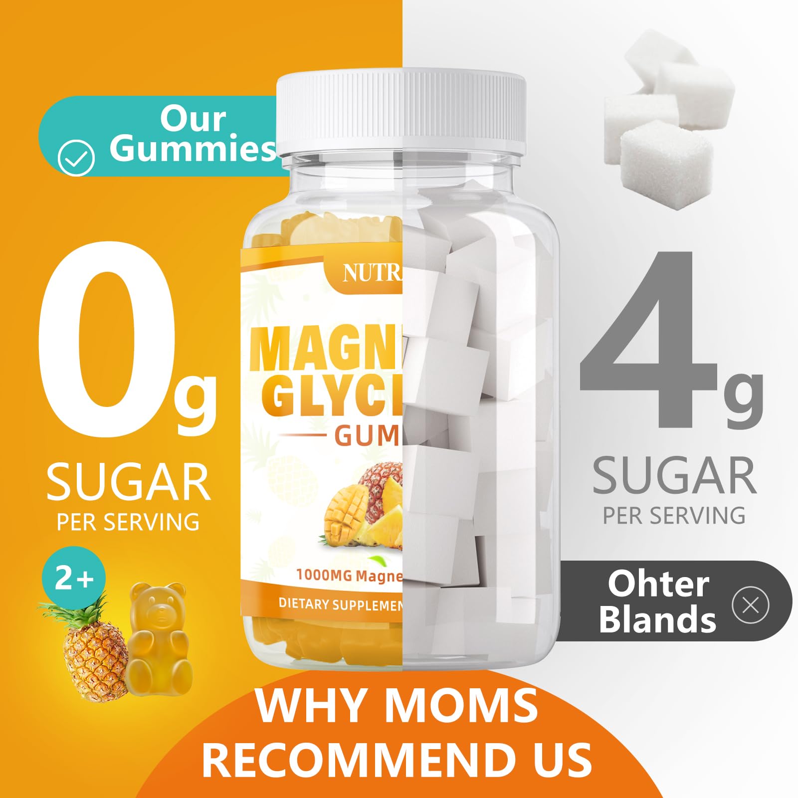 Magnesium Glycinate Gummies 1000mg with Magnesium L-Threonate,Chelated Magnesium Potassium Complex Supplement with VitD, B6, CoQ10, Calcium,Supports for Memory, Calm,