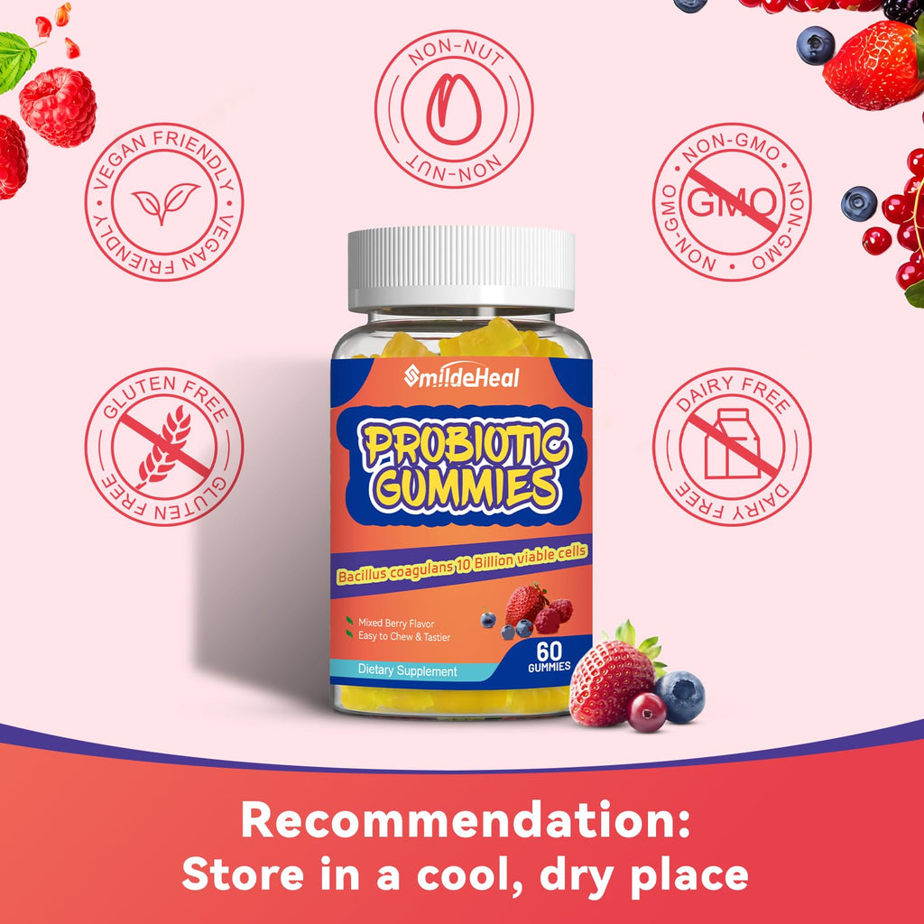 Probiotic Gummies for Digestive Health - 10 Billion CFU Bacillus Coagulans - Vegan & Non-GMO - Immune & Digestive Support for Men & Women - Strawberry & Mixed Berry Flavor