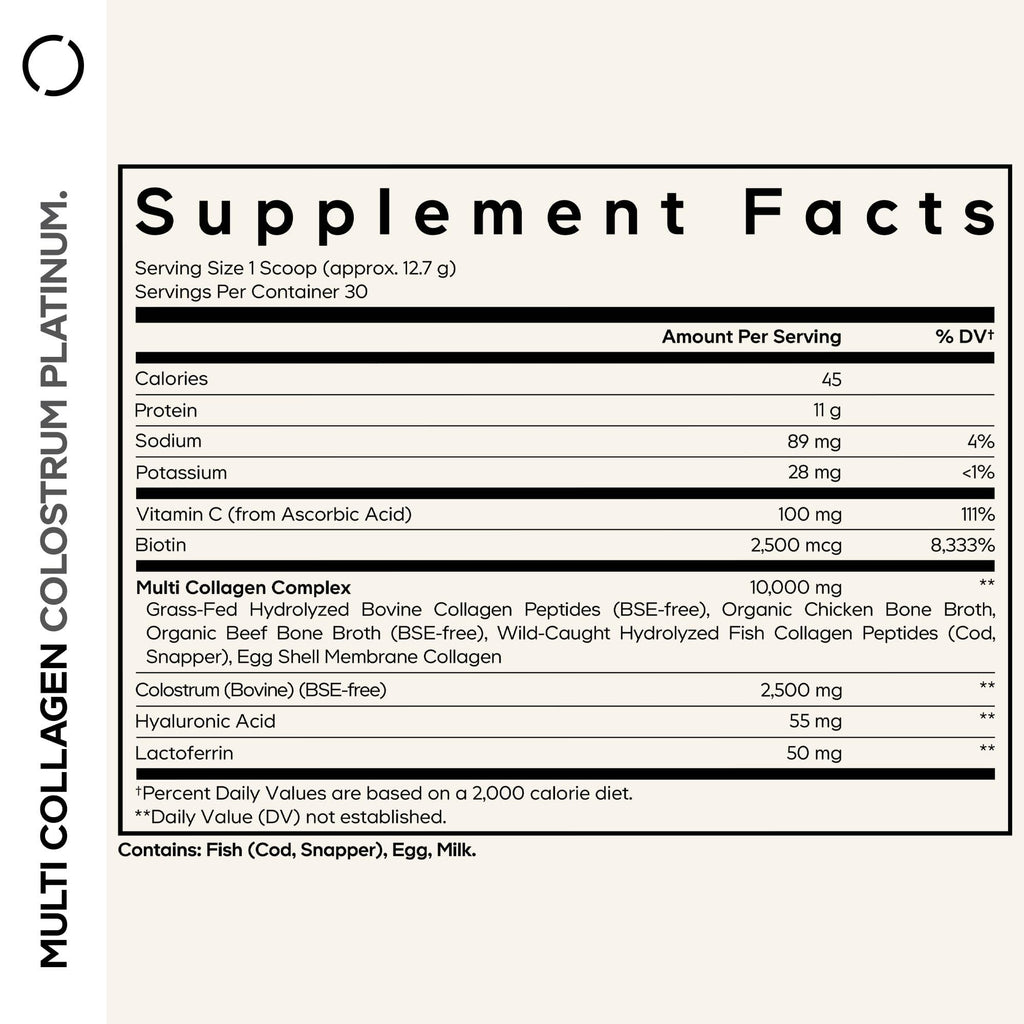 Codeage Multi Collagen Colostrum Powder Platinum - Hydrolyzed Grass-Fed Bovine Collagen Peptides, Grass-Fed Bovine Colostrum Supplement, Vitamin C, Biotin, Hyaluronic Acid, Lactoferrin - 13.4 Oz. Codeage Au supplements