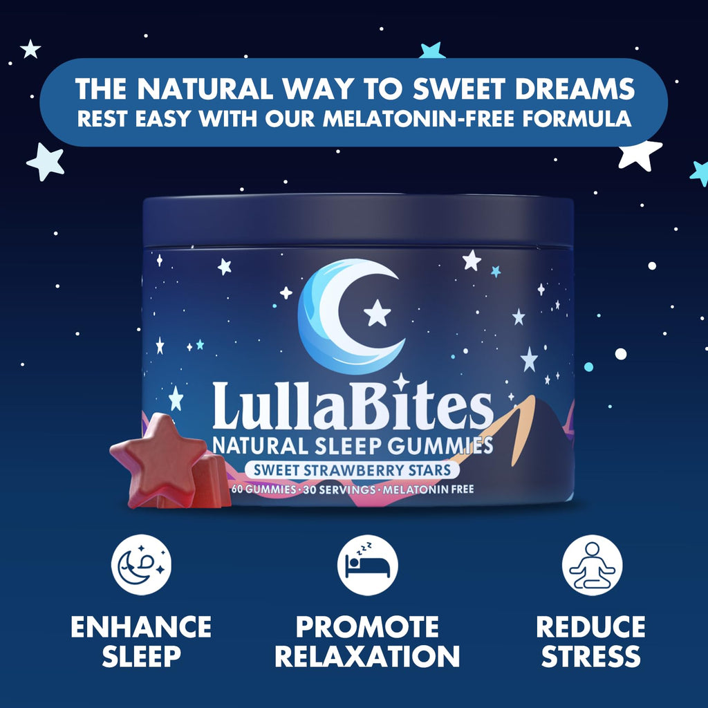 LullaBites - Natural Sleep Gummies - Made in USA - With 5-HTP, L-Theanine, Magnesium & Valerian Root - Melatonin Free - Vegan - Halal - Sugar, Gluten Free - Sweet Strawberry