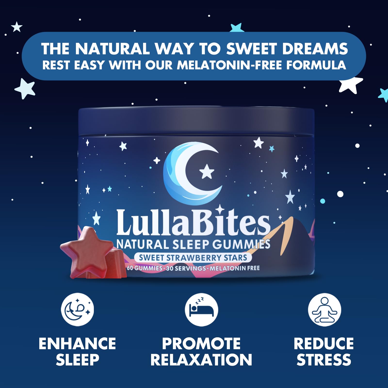 LullaBites - Natural Sleep Gummies - Made in USA - With 5-HTP, L-Theanine, Magnesium & Valerian Root - Melatonin Free - Vegan - Halal - Sugar, Gluten Free - Sweet Strawberry
