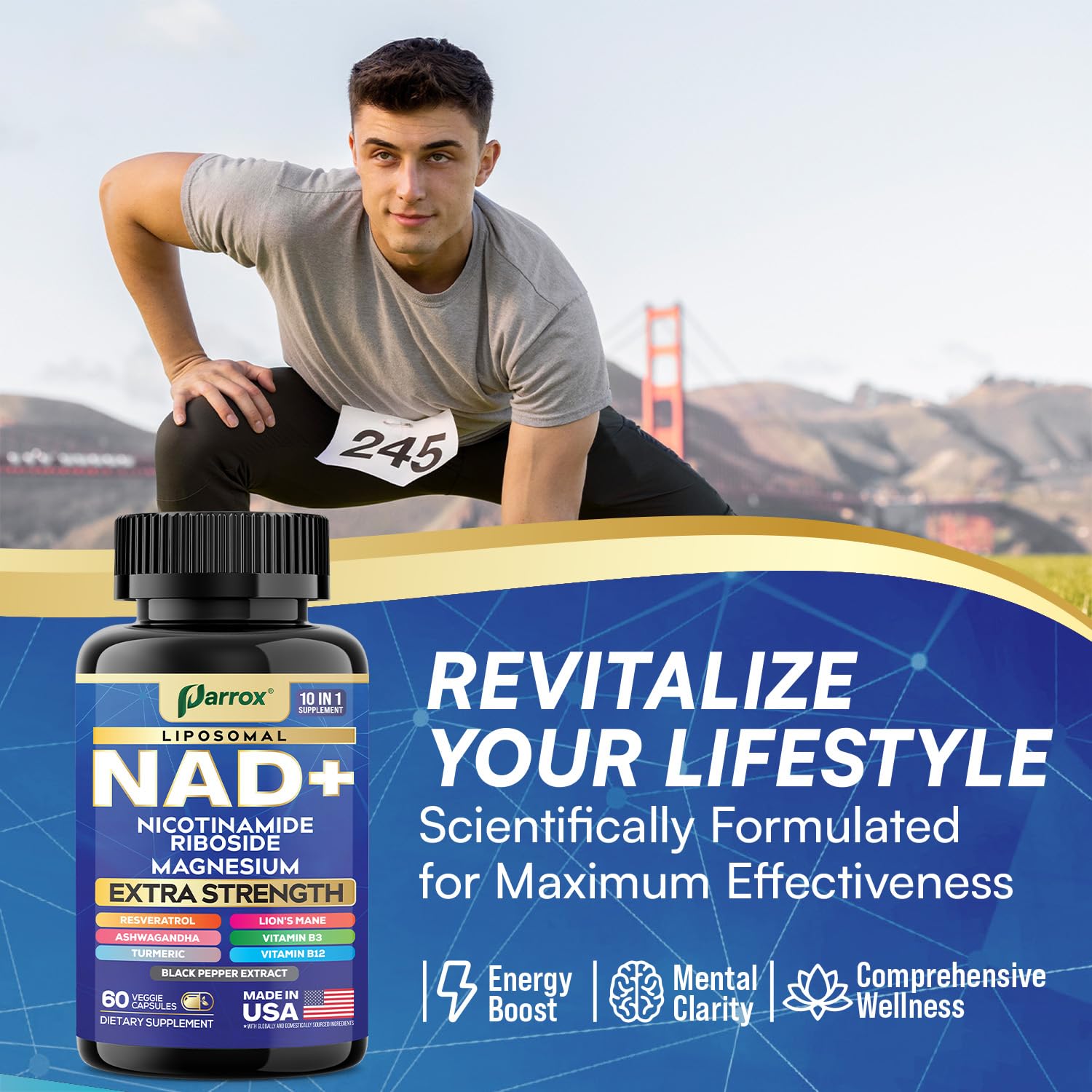 Parrox NAD+ Supplement with Liposomal NAD+, Nicotinamide Riboside, Magnesium, Vitamin B3 & B12, Resveratrol, Turmeric, Ashwagandha, Lion’s Mane,10-in-1 Extra Strength Parrox Au supplements
