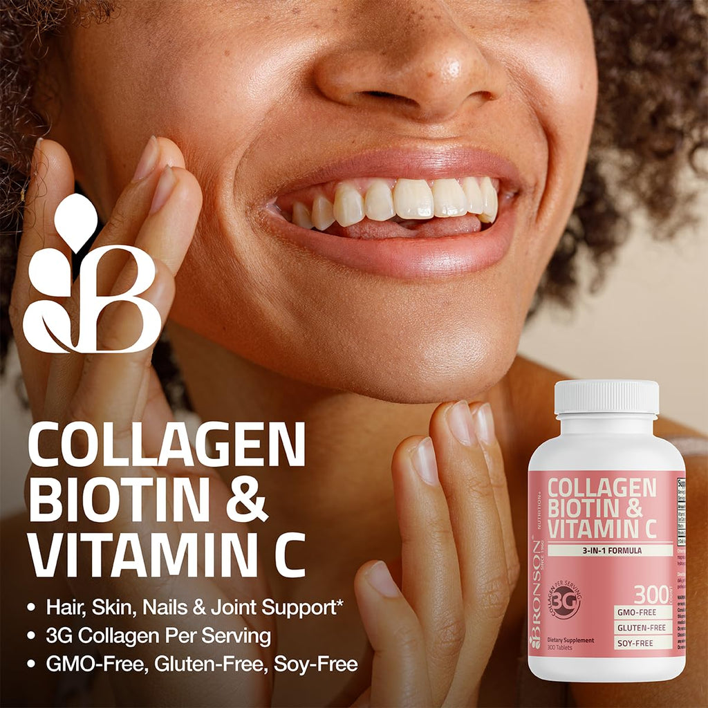 Bronson Collagen Peptides 3000mg (per Serving) with Biotin & Vitamin C - for Hair, Skin & Nails Support, Non-GMO, 90 Tablets