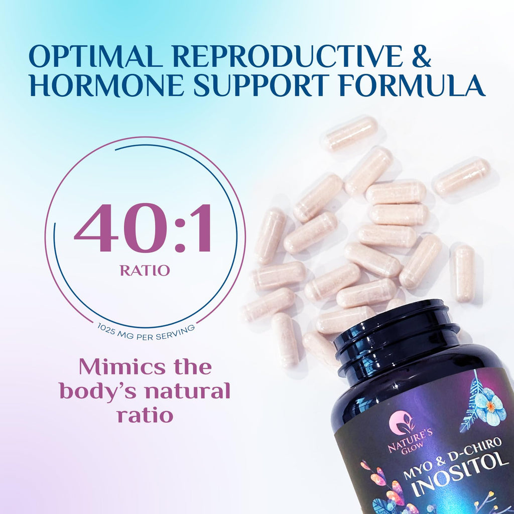 Myo-Inositol & D-Chiro Inositol 1025mg - 40:1 Ideal Ratio for Ovarian Support, Vegan Myo & D Chiro Supplement for Women's Natural Balance and Hormone Support, Vitamin B8, Non-GMO - 120 Capsules Nature's Glow Au supplements