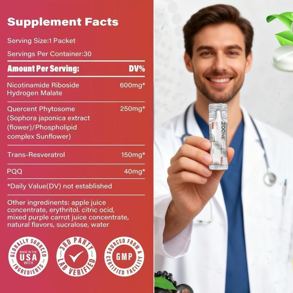 Zoone NAD Resveratrol Supplement, NAD+ Liquid Supplement 1000mg, with Nicotinamide Riboside, Resveratrol & PQQ, NAD Supplements for Men & Women, Healthy Aging & Boosts Cellular Energy – 30 Packs Zoone Au supplements