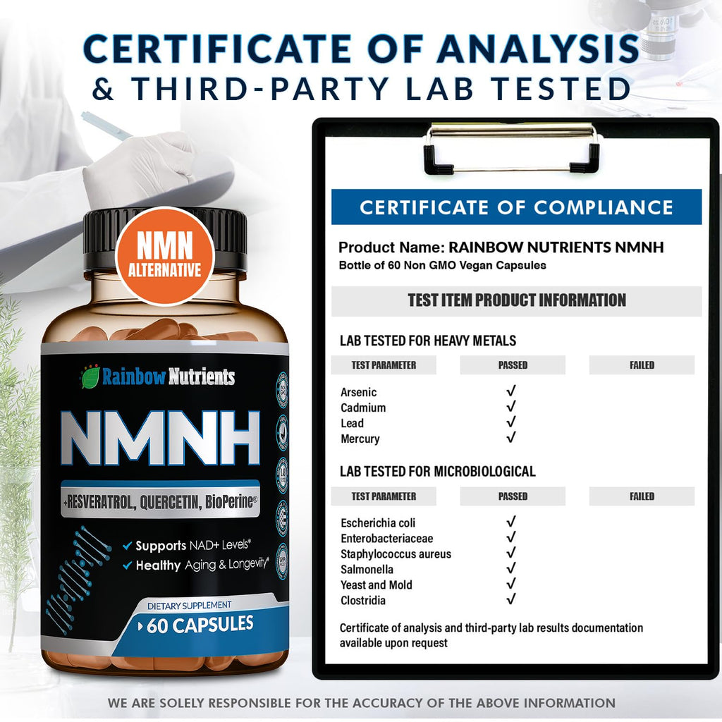 NMNH Supplement (NMN Alternative) NAD Booster for Anti-Aging, Cellular Energy & Nice Skin- Dihydronicotinamide mononucleotide, Resveratrol, Quercetin & BioPerine® for Max Absorption- 60 caps Rainbow Nutrients, LLC Au supplements