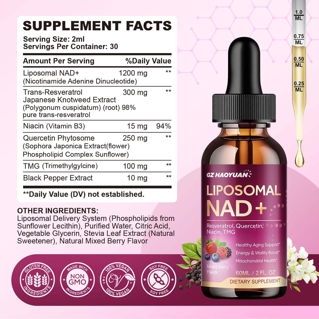 Liposomal NAD Supplement - 1200mg NAD+ Liquid Drops for Women & Men with Nicotinamide, Resveratrol, Quercetin, TMG, Black Pepper Extract - Brain & Cellular Mitochondrial Health, Anti-Aging, Longevity GZ HAOYUAN Au supplements