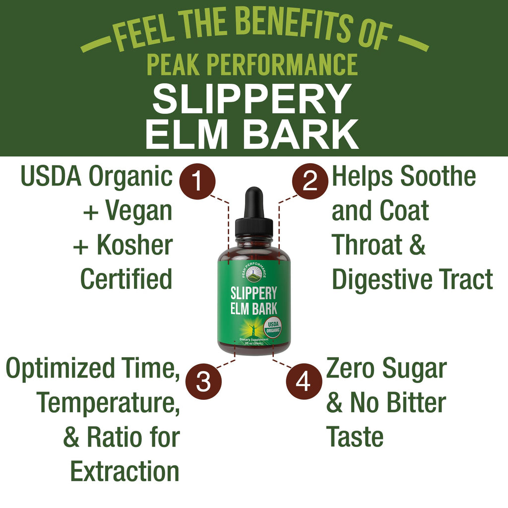 Slippery Elm Bark USDA Organic Vegan Liquid Drops. Extract with High Bioavailability for Women, Men, Kids. for Sore Throat, Irritated Stomach. Zero Sugar, Gluten Free, Tincture Supplement No Capsules Peak Performance Au supplements