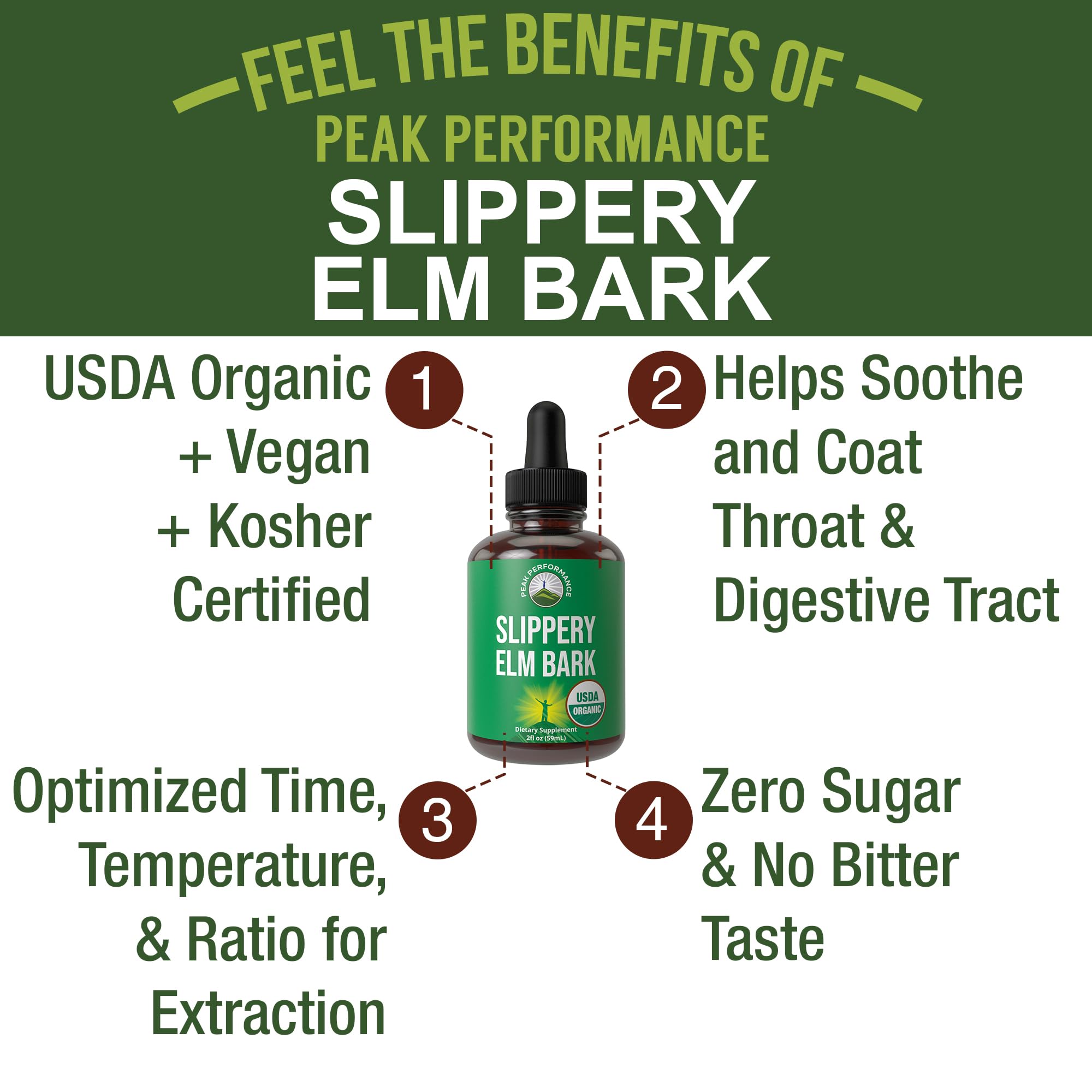 Slippery Elm Bark USDA Organic Vegan Liquid Drops. Extract with High Bioavailability for Women, Men, Kids. for Sore Throat, Irritated Stomach. Zero Sugar, Gluten Free, Tincture Supplement No Capsules Peak Performance Au supplements