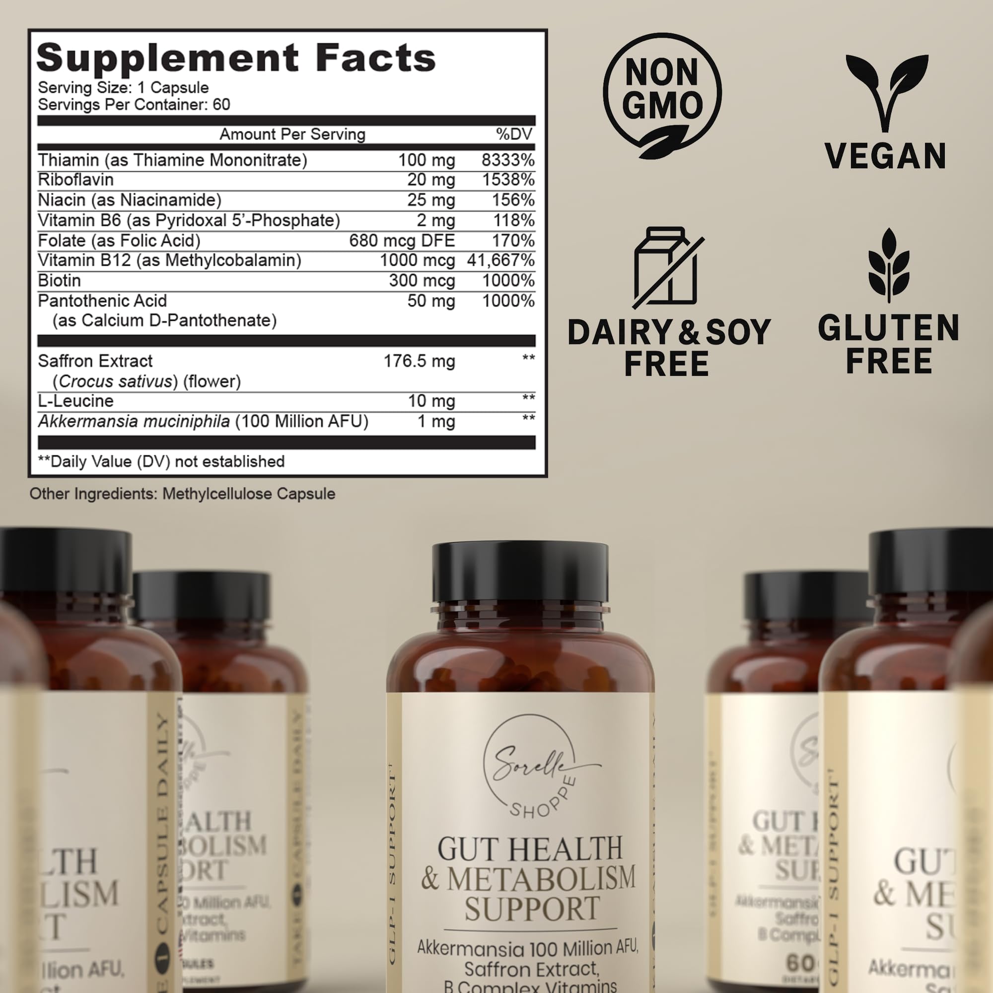 SORELLE SHOPPE Akkermansia Muciniphila Probiotic + Saffron + B Complex | Core Gut Health & Daily Wellness | Mood & Metabolism Support