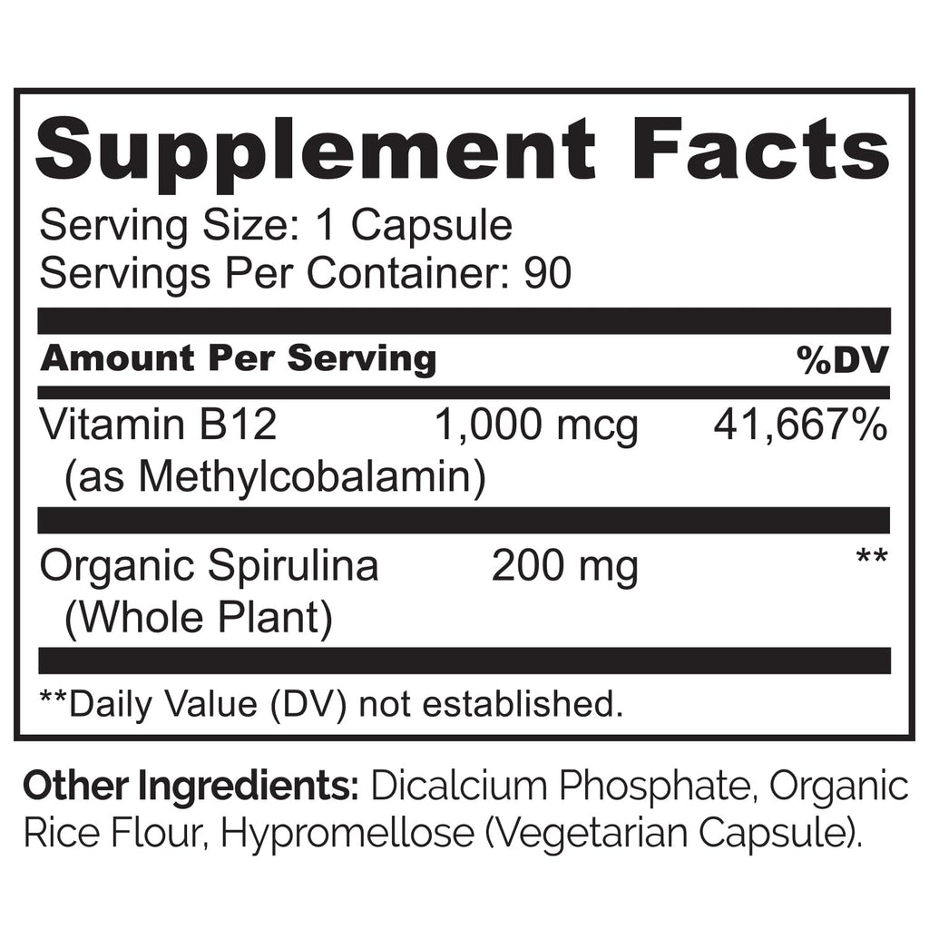 NATURELO Vegan B12 - Methyl B12 with Organic Spirulina - High Potency Vitamin B12 1000 mcg Methylcobalamin - Supports Healthy Mood