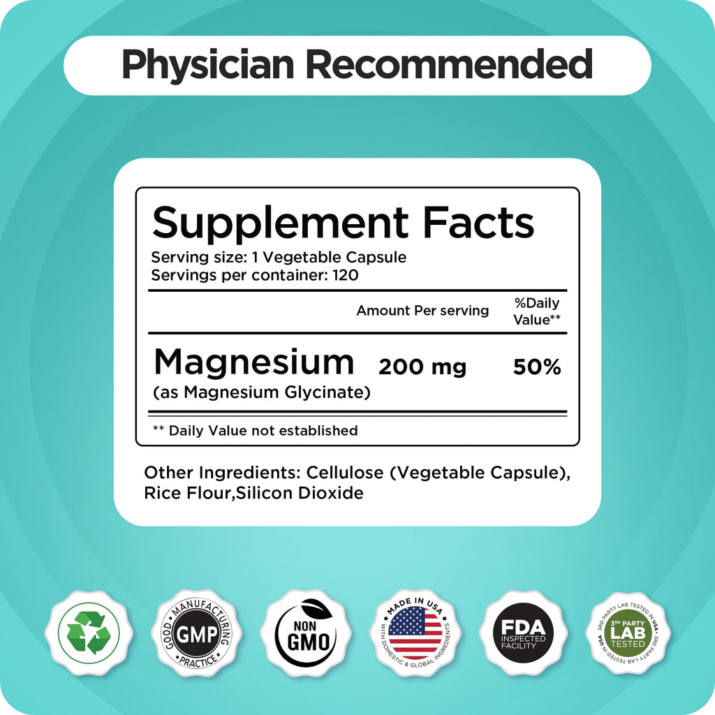 Magnesium Bisglycinate 200mg - High Absorption Chelated Magnesium Supplement - Gentle on Stomach, Non-GMO, Gluten-Free, Supports Sleep, Muscle Cramps & Positive Mood - 120 Vegan Capsules Balancebreens Au supplements