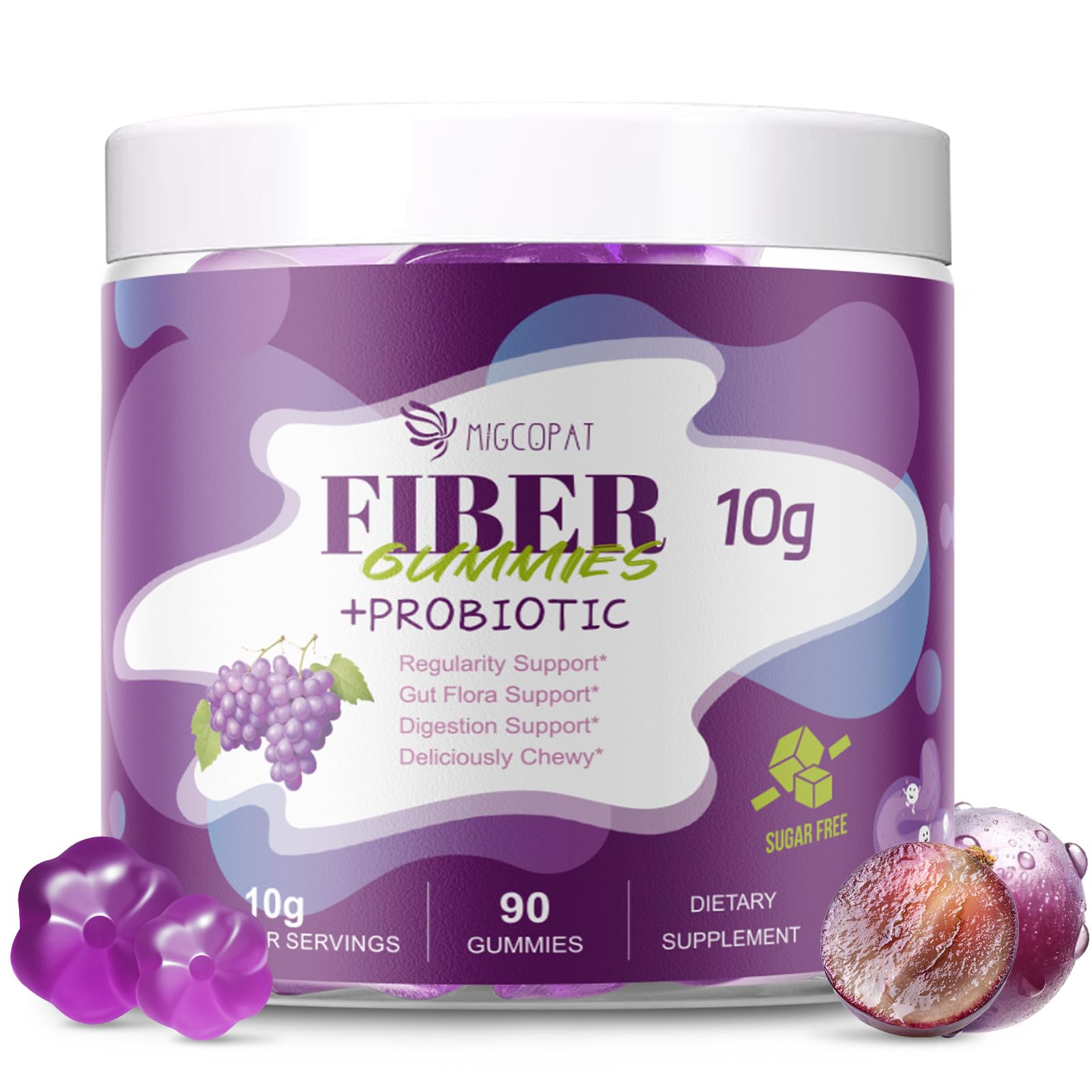 Migcopat 10G Fiber Gummies for Adults, No Sugar Added Grape Flavor, Fiber Supplement with 30 Billion CFU Probiotics Blend, ACV, Vitamin C,
