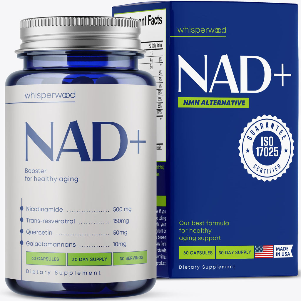 NAD+ Supplement with Nicotinamide Riboside, Trans Resveratrol & Quercetin – NAD Plus Complex for Energy, Brain & Mitochondrial Support – Antioxidant and Longevity Formula for Women & Men – 60 capsules WHISPERWOOD Au supplements