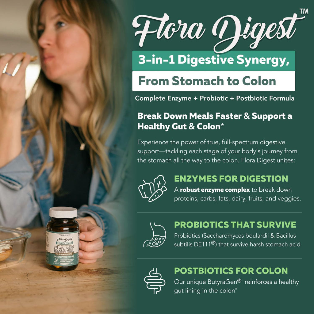 Flora Digest - 3-in-1 Max Strength Digestive Enzymes + Gut Surviving Probiotics & ButyraGen® Postbiotic for Optimal Digestion, Bloating Relief, Regularity, Gut Lining & Colon Support - (60 Capsules) Triquetra Health Au supplements