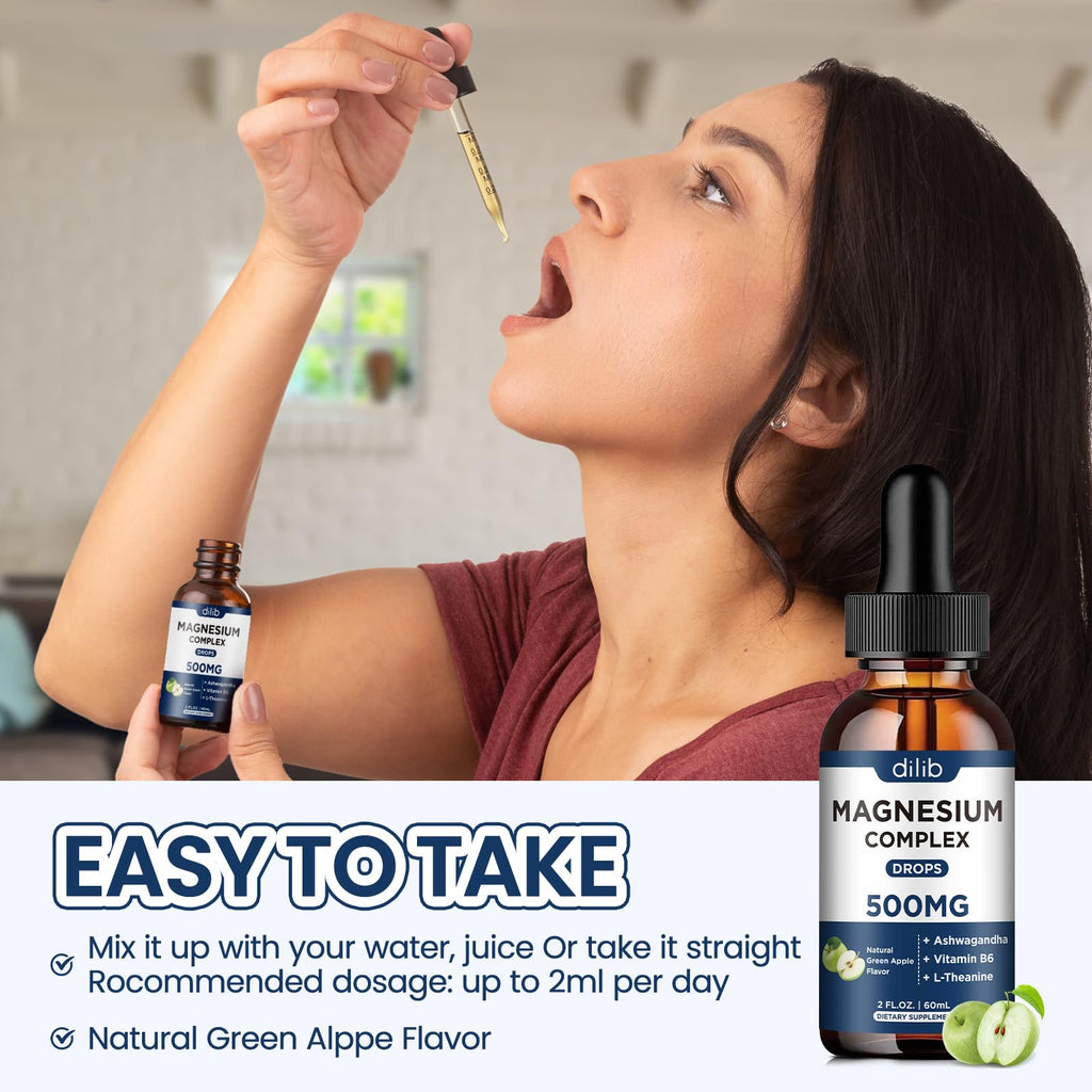 Triple Magnesium Complex Supplement-Magnesium Glycinate, Citrate, Malate Liquid Drops 500mg with Ashwagandha, L-Theanine, B6 for Calm, Stress Relief, Sleep, Muscle Support-Green Apple Flavor dilib Au supplements