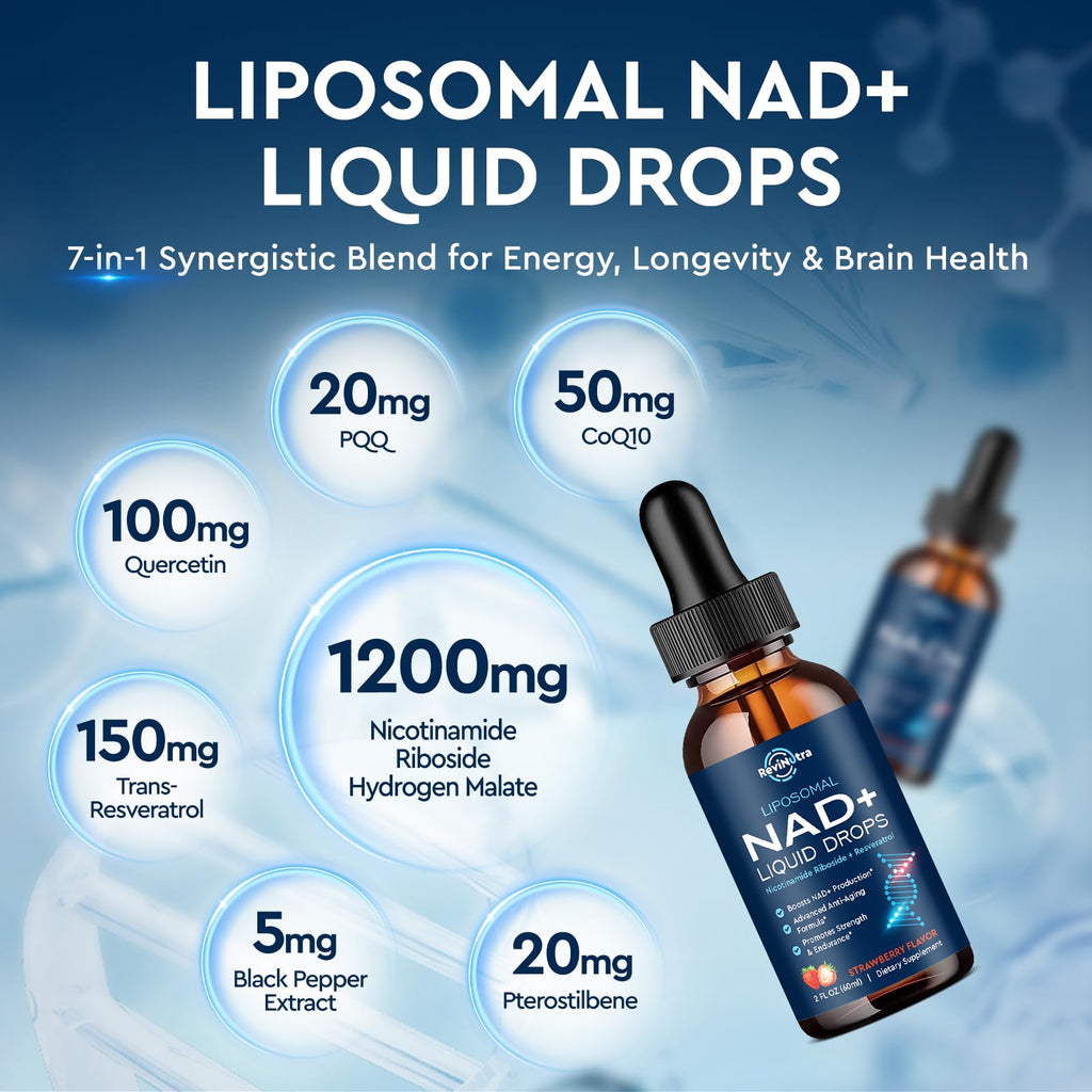 Liposomal NAD+ Liquid Supplement, Nad Resveratrol Supplement for Women & Men, Nicotinamide Riboside with PQQ, CoQ10, Quercetin for Anti-Aging, Brain, Cellular Energy Health, Strawberry Flavor, 2 Fl Oz ReviNutra Au supplements