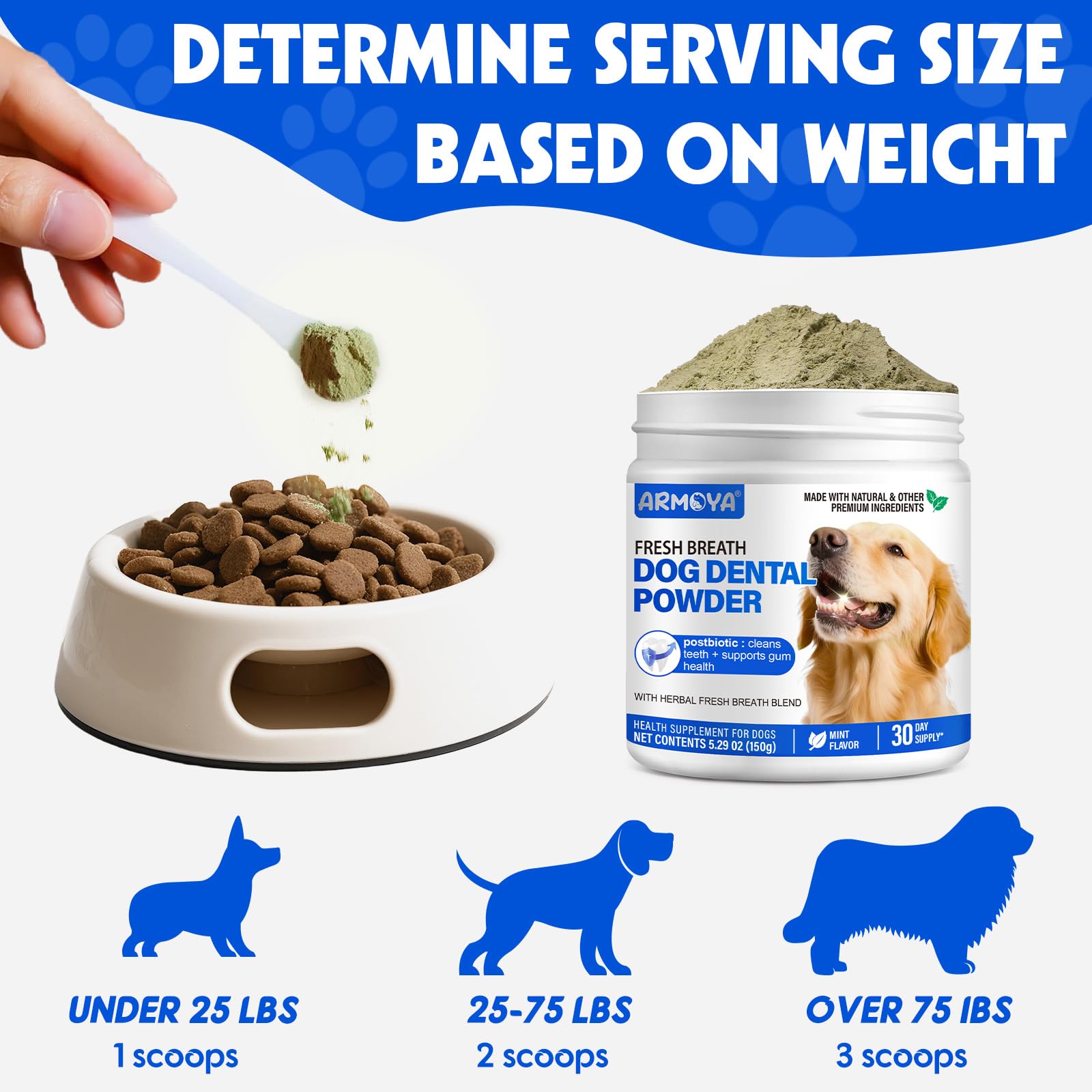 Dog Teeth Cleaning Powder - Dental Powder for Dogs Teeth - Plaque Removal - Supports Gum Health - Tartar Remover with Natural Herb Blend and Postbiotics 30 Day Supply - Mint Flavor ARMOYA Au supplements