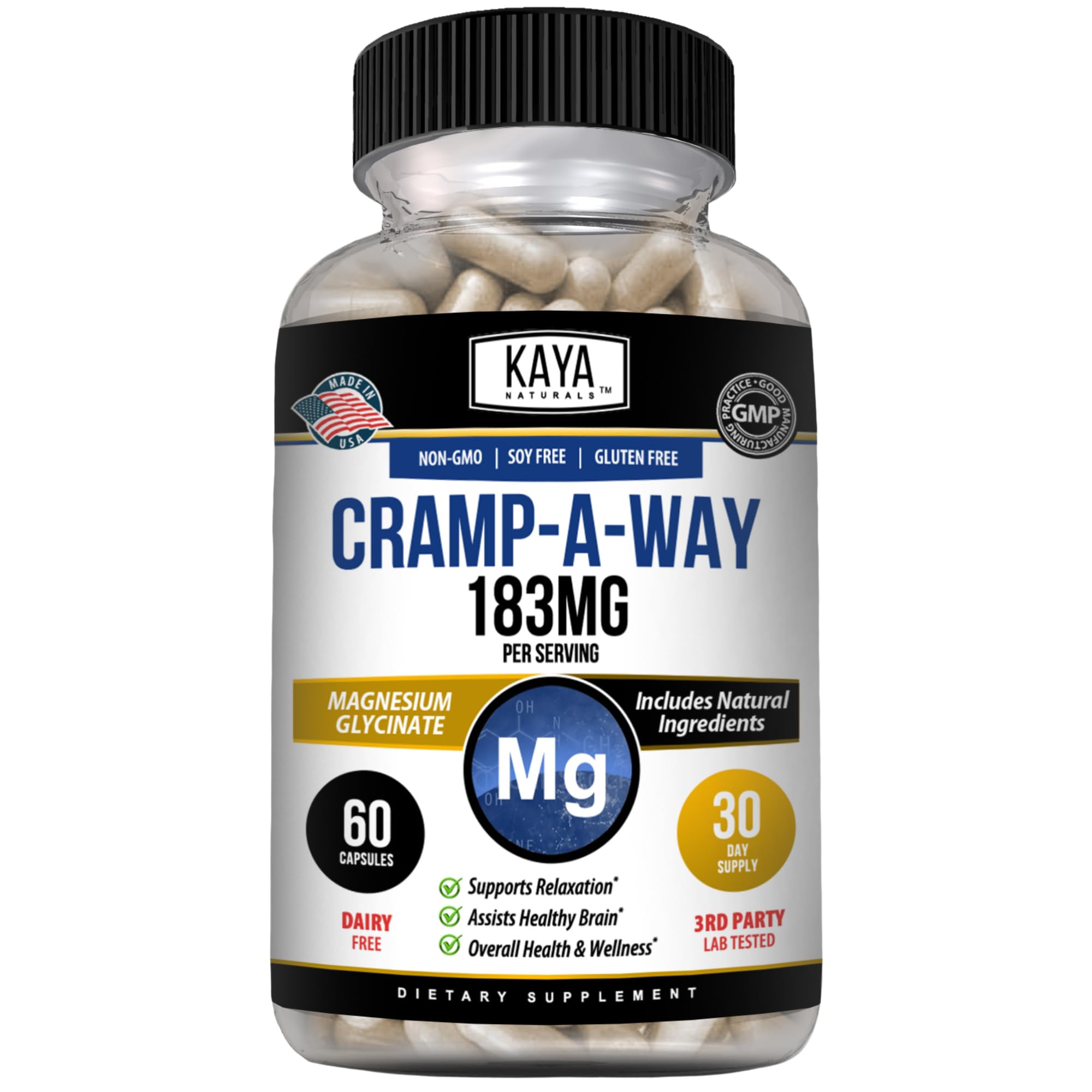 Kaya Naturals Cramp-A-Way Magnesium Glycinate 183mg (60 Count (Pack of 1) Kaya Naturals Au supplements