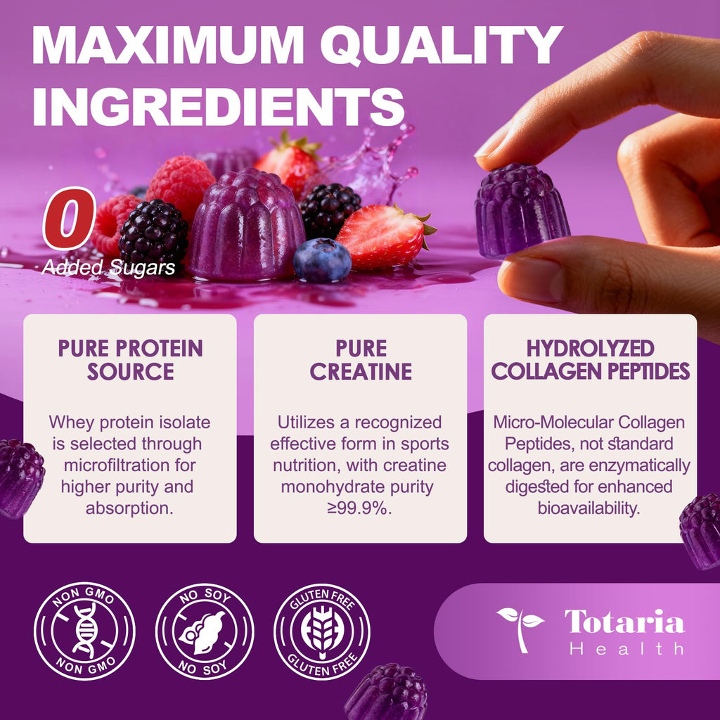 3 in 1 Whey Protein Gummies | Creatine Monohydrate | Collagen, 0 Sugar, Pure Protein Source, Muscle & Energy Support, Berry Flavor, for Women and Men