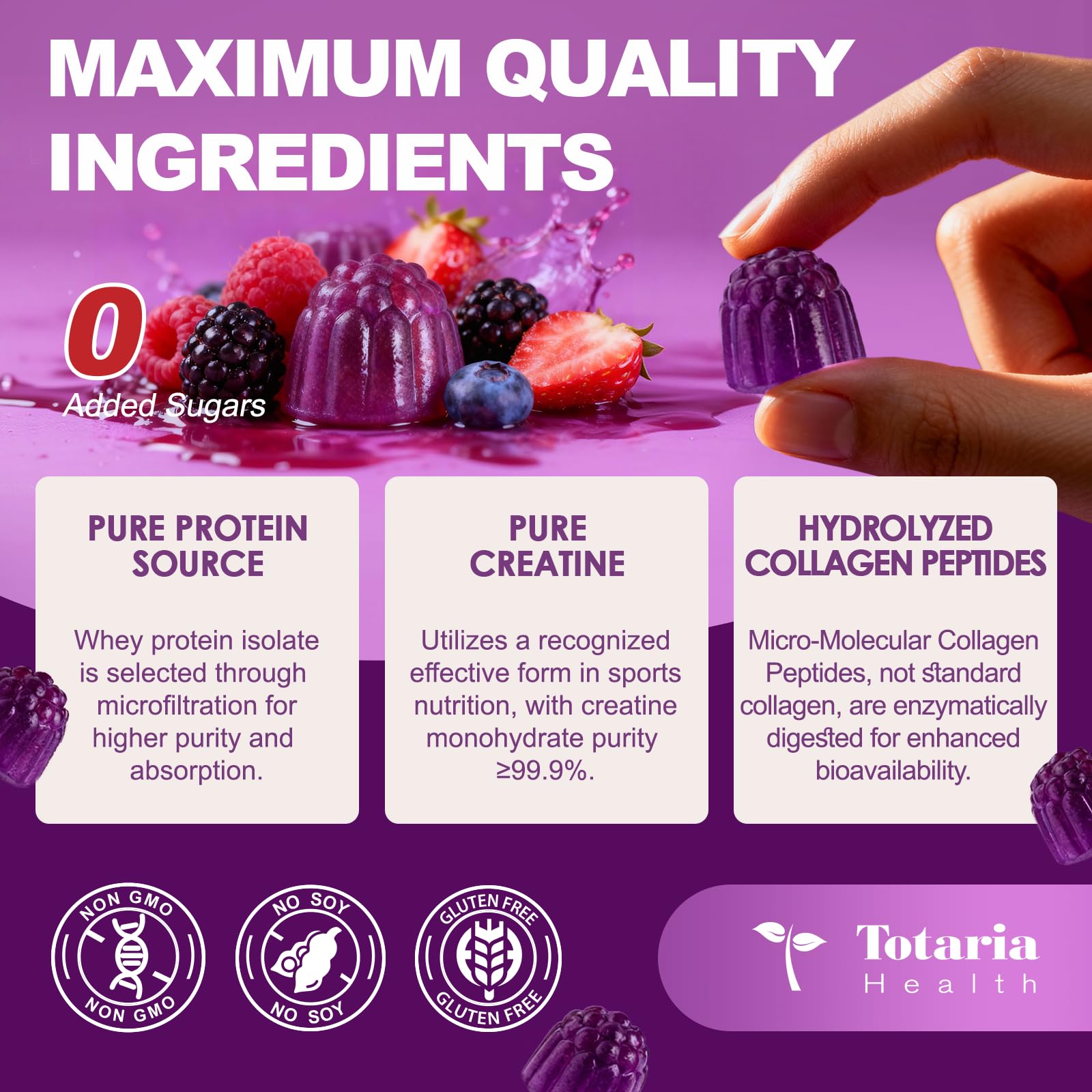 3 in 1 Whey Protein Gummies | Creatine Monohydrate | Collagen, 0 Sugar, Pure Protein Source, Muscle & Energy Support, Berry Flavor, for Women and Men