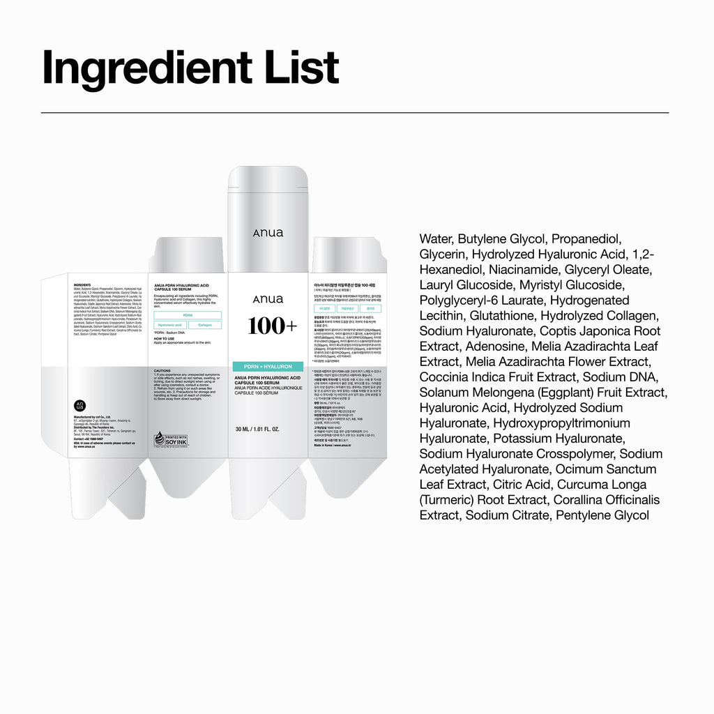 Anua PDRN Hyaluronic Acid Capsule 100 Serum, Radiant Face Serum, Salmon DNA, Hyaluronic Acid, Hydration, Moisture Plumping Effect