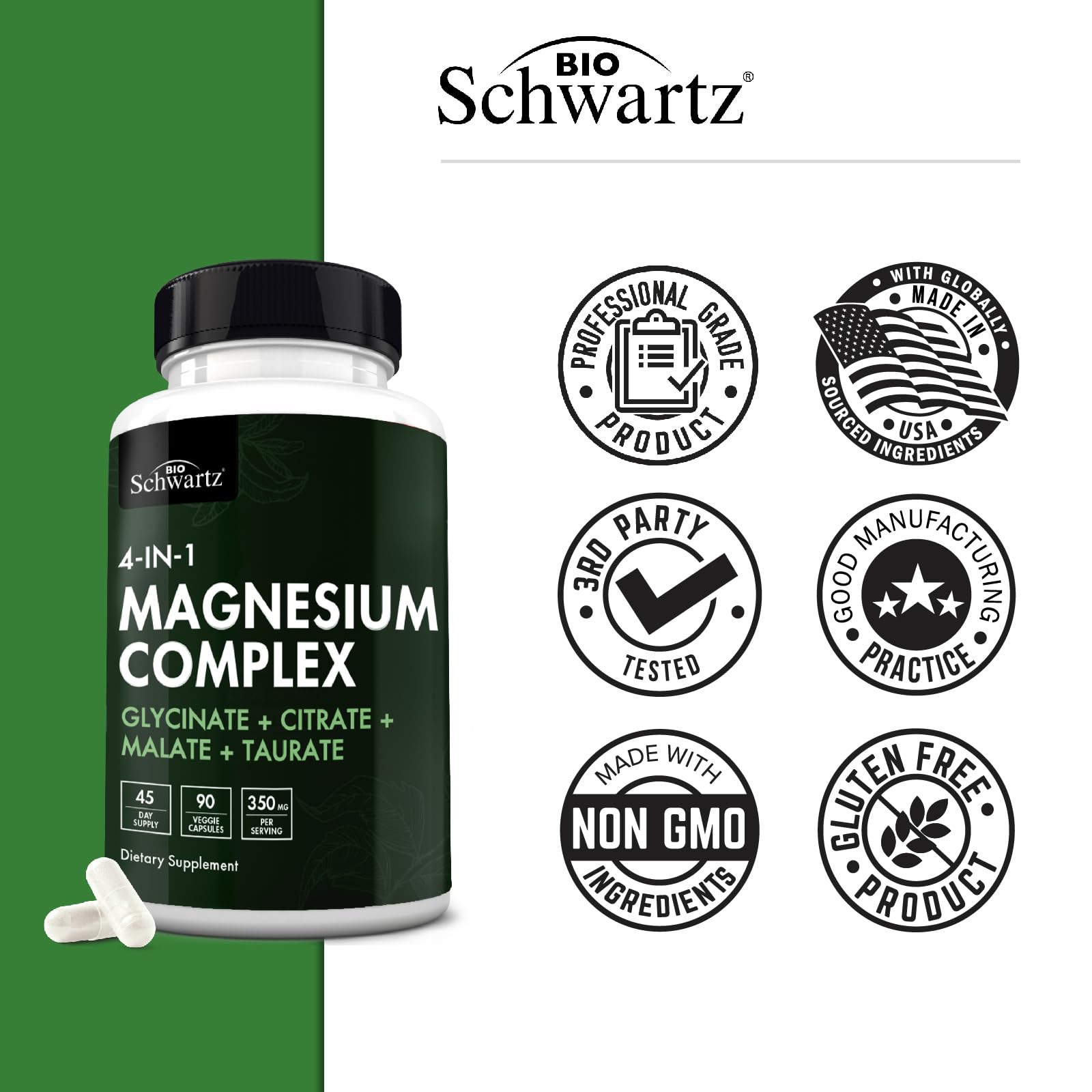 BioSchwartz Magnesium Complex Supplement (90 Capsules) 350mg Magnesium Glycinate Citrate Malate and Taurate Per Serving for Healthy Nerves Muscles Heart Sleep Support (Vegan, Gluten-Free, Non-GMO) BioSchwartz Au supplements
