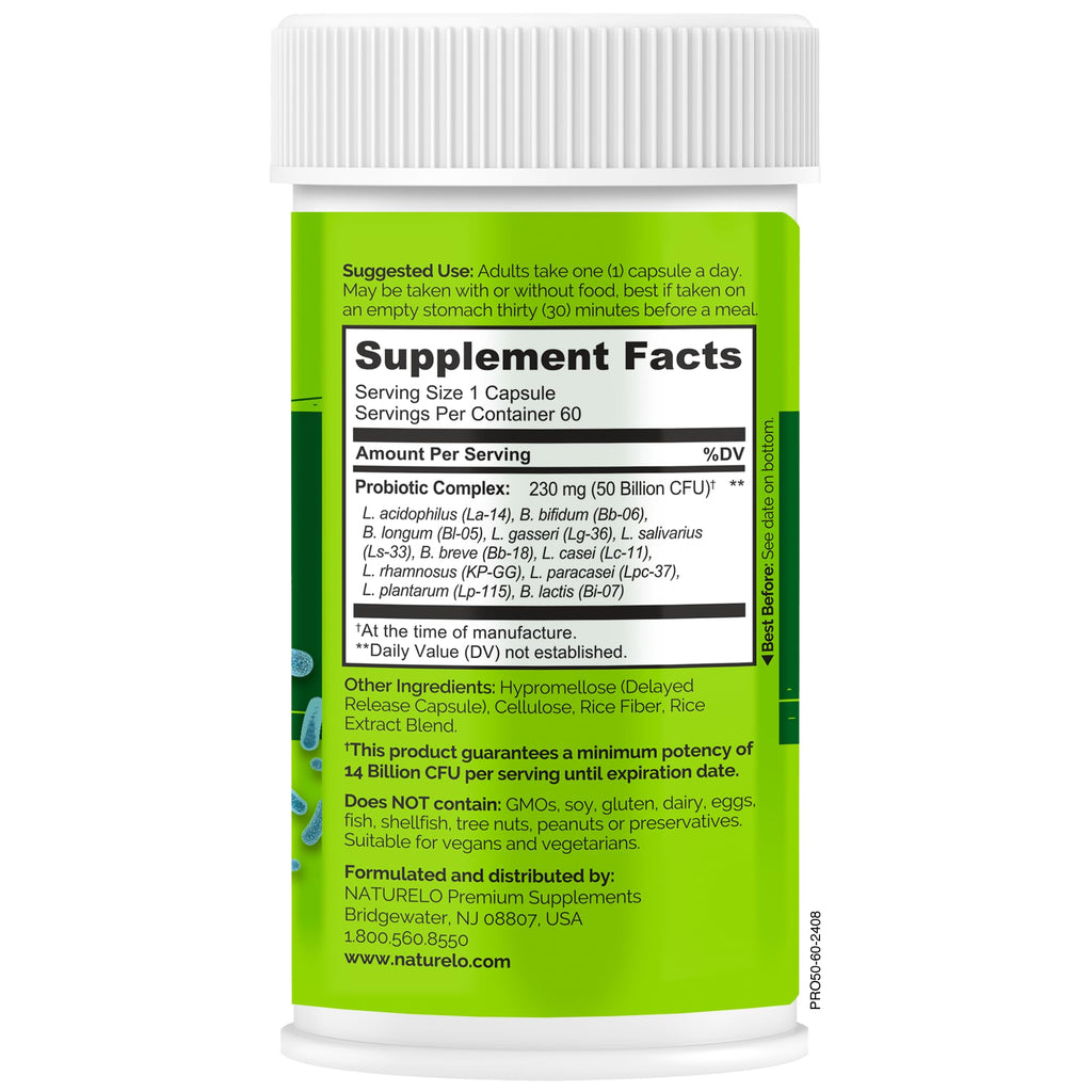 NATURELO Probiotics for Digestive Health - 50 Billion CFU, 11 Strains, Daily Use Supplement - Boosts Immune System, Delayed Release,