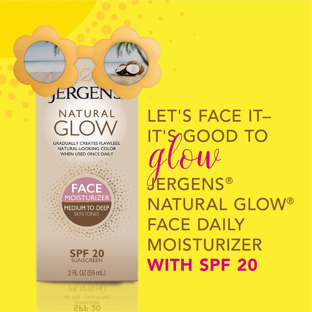 Jergens Natural Glow Self Tanner Face Moisturizer with SPF 20 Facial Sunscreen, Medium to Deep Skin Tone, Sunless Tanning, Oil Free