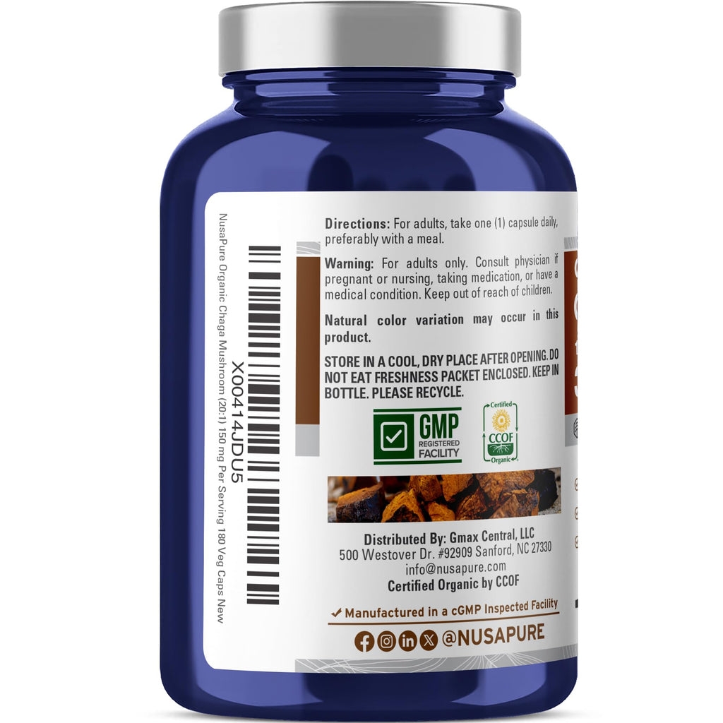 NusaPure Chaga Mushroom 20:1 Extract, 150 mg Equivalent to 3,000mg per Veggie Capsule, 180 Count, USDA Organic, Vegan, Non-GMO NusaPure Au supplements