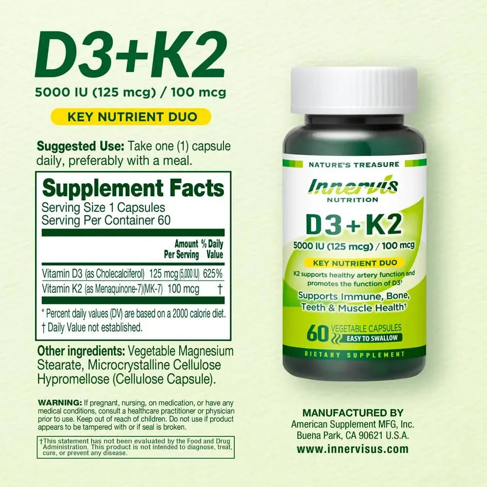 INNERVISNUTRITION Vitamin D3 5000 IU + K2 MK-7 100mcg – Bone, Heart & Immune Support, Easy to Swallow, 60 Capsules INNERVISNUTRITION Au supplements