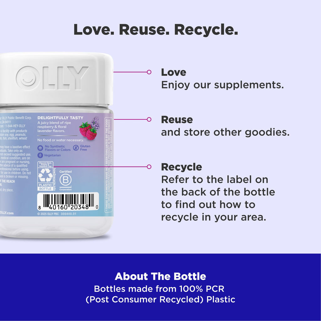 OLLY Relaxing Magnesium Gummies, Supports Muscle Relaxation*, Magnesium Citrate, Raspberry Lavender Flavor, 15 Day Supply - 60 Count