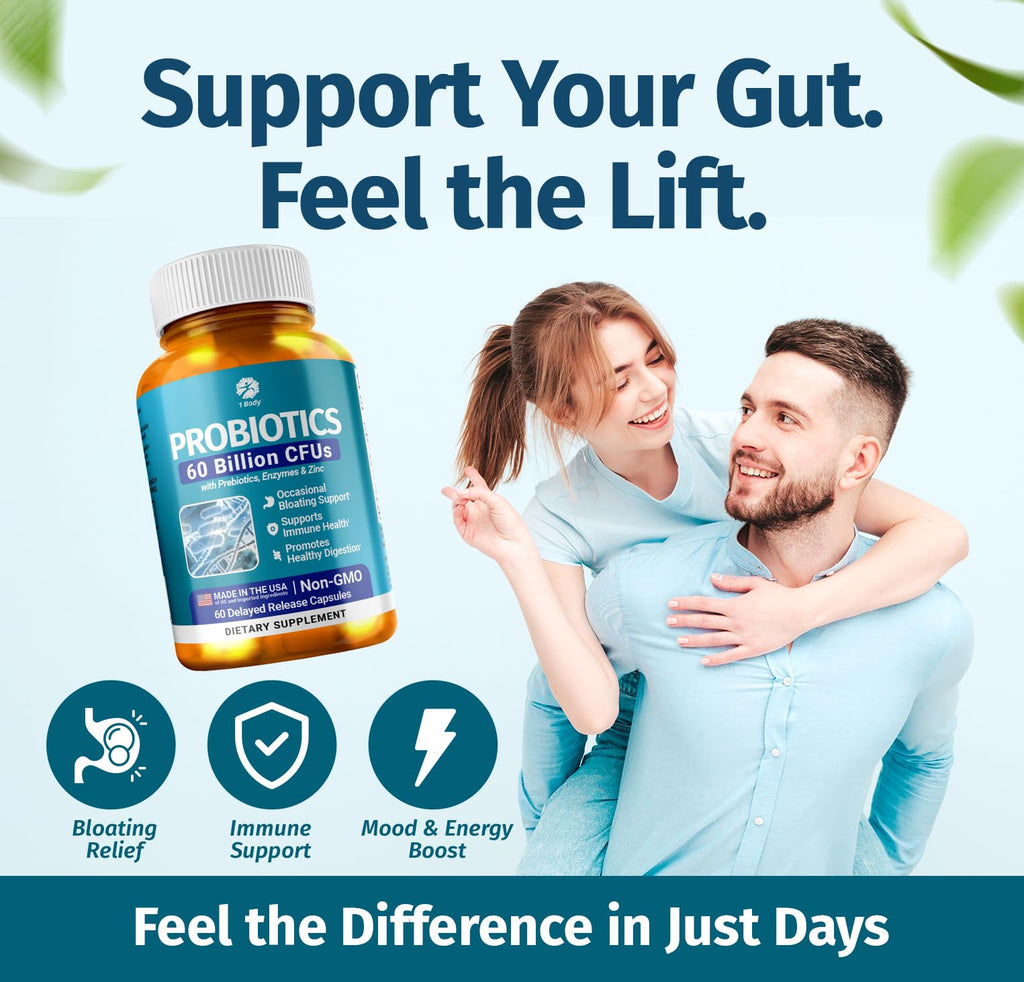 1 Body Probiotic 60 Billion for Men & Women, Gut Health Support with Prebiotics, Digestive Enzymes, Zinc & L-Glutamine, Non-GMO, 60 Vegan Capsules