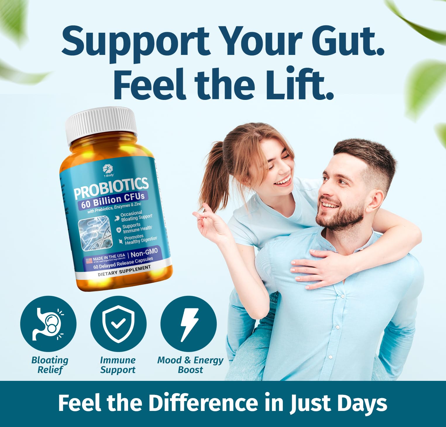 1 Body Probiotic 60 Billion for Men & Women, Gut Health Support with Prebiotics, Digestive Enzymes, Zinc & L-Glutamine, Non-GMO, 60 Vegan Capsules