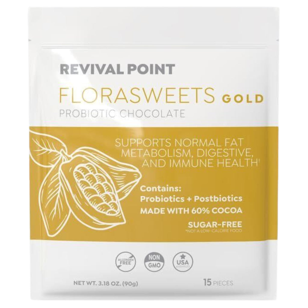 Revival Point Florasweets Gold Chocolate Bites with Probiotic + Postbiotic Stains DE111 & BPL1 - Indivally Wrapped - Supports Digestive & Gut Health Bacillus subtilis (1) Revival Point Au supplements
