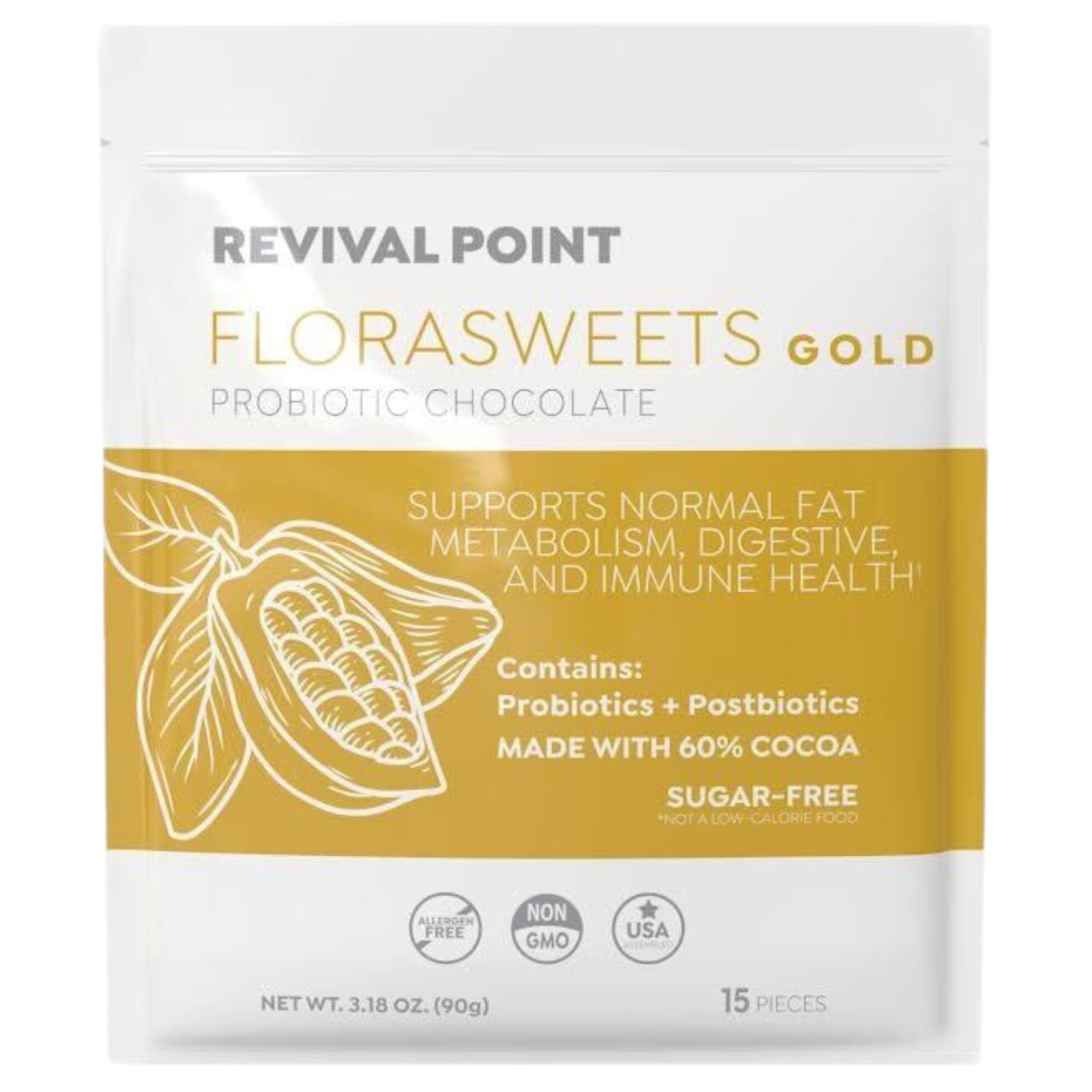 Revival Point Florasweets Gold Chocolate Bites with Probiotic + Postbiotic Stains DE111 & BPL1 - Indivally Wrapped - Supports Digestive & Gut Health Bacillus subtilis (1) Revival Point Au supplements