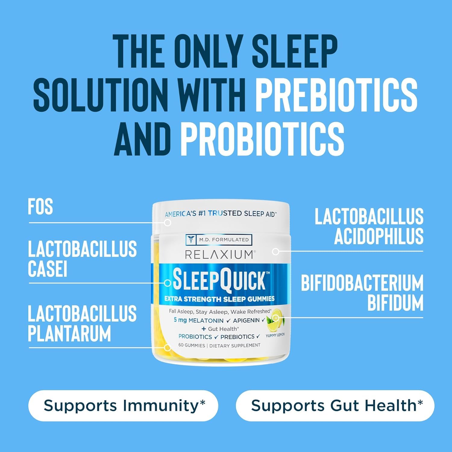 Relaxium SleepQuick Gummies - Sleep Aid + Gut Health & Immune Support, 5 mg Melatonin, Vitamin D-3 + Prebiotic & Probiotic Blend