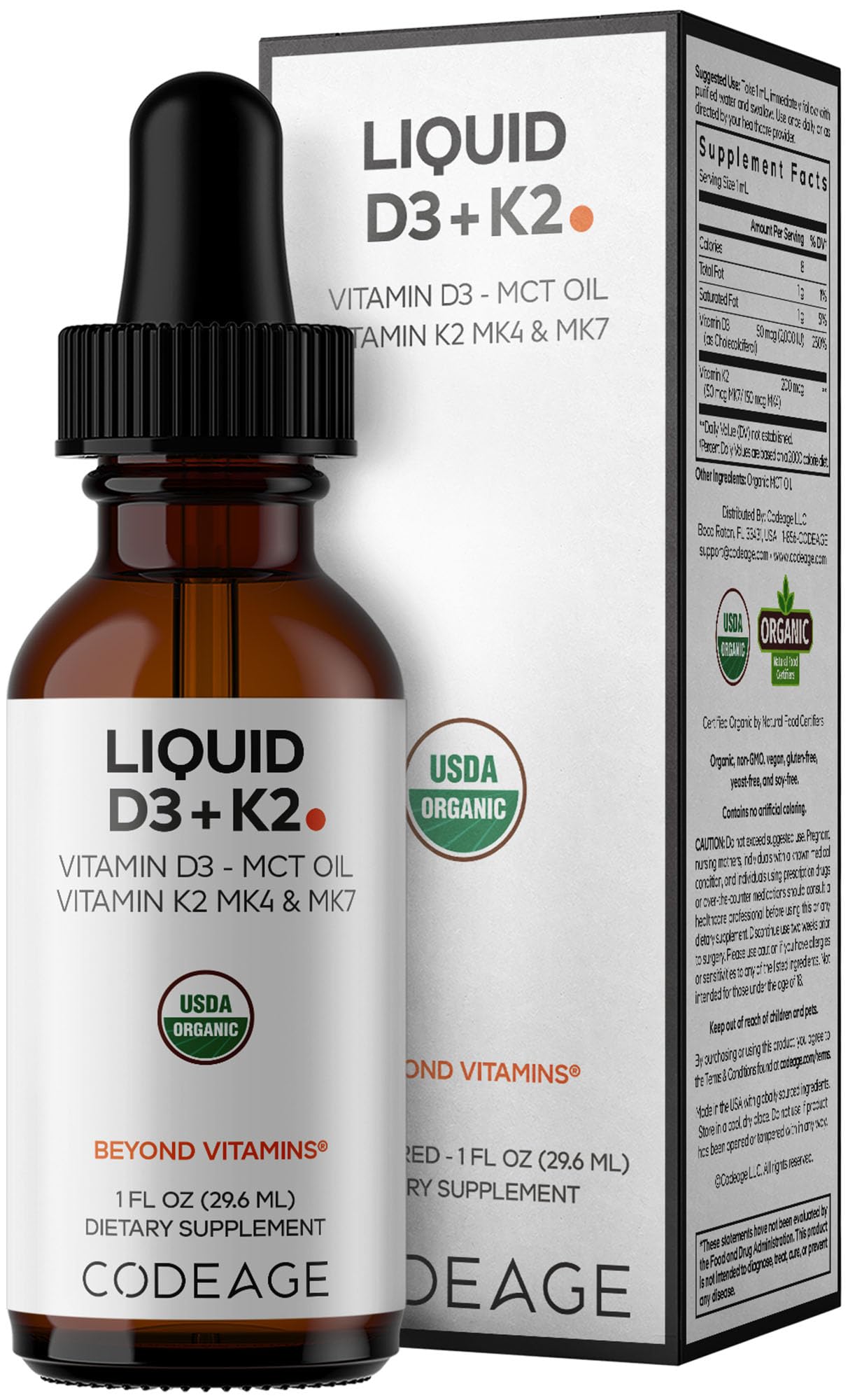 Codeage Liquid D3+K2 Vitamins USDA Organic - Vitamin D3 2000 IU, Vitamin K2 (MK4 & MK7) Liquid Drops - Immune Support - Unflavored - Organic MCT Oil - Non-GMO - 1 fl oz Codeage Au supplements