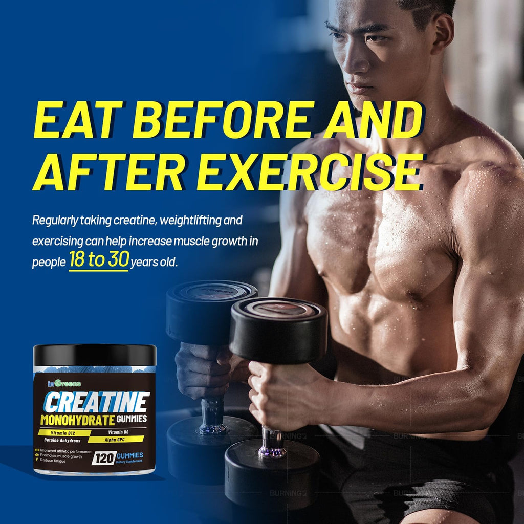 inGreens Creatine Monohydrate Gummies 6g per Serving, Sugar Free Creatine Supplements for Men & Women, Chewable Creatine for Muscle Growth, Strength, Energy