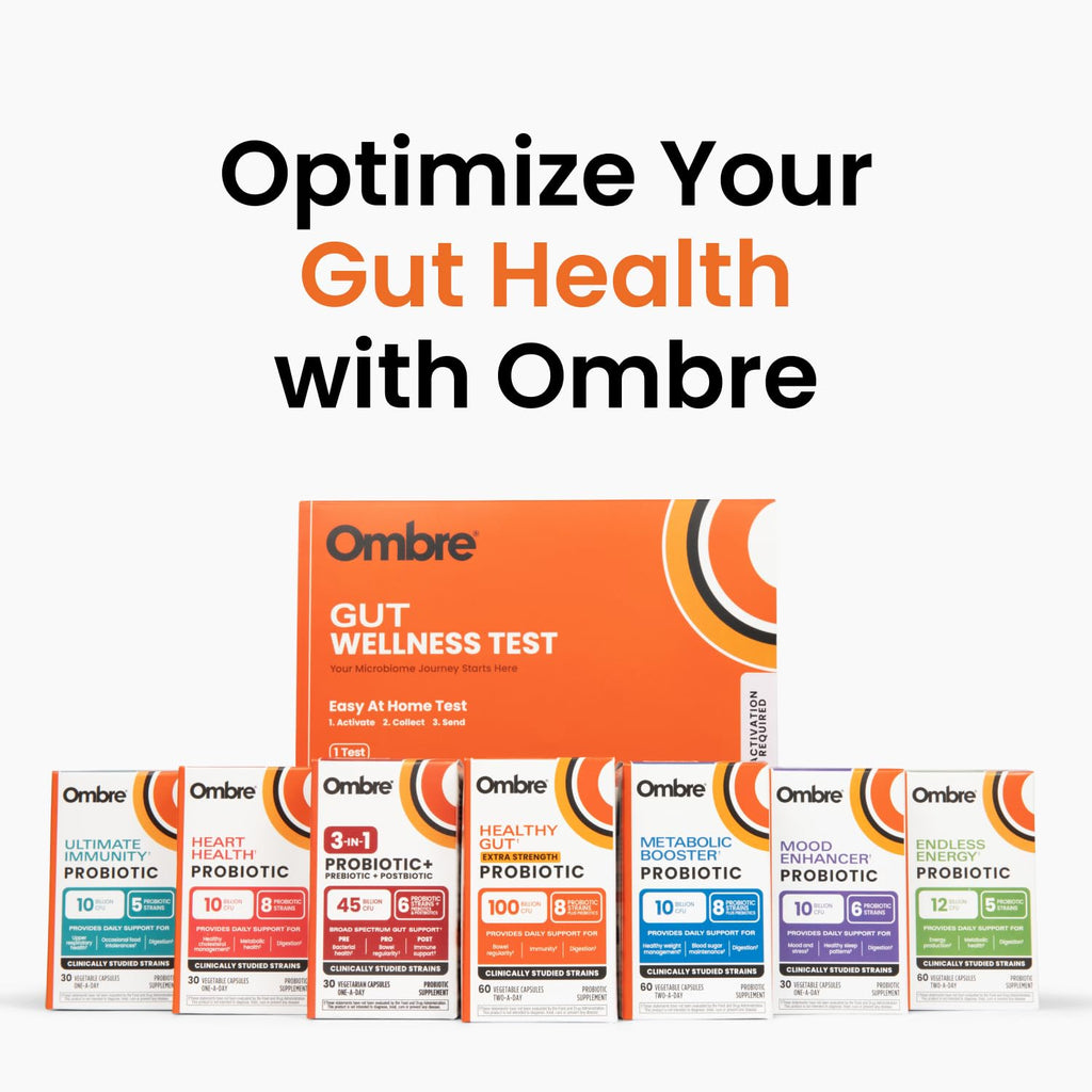 Ombre Gut Health Test Kit - Probiotic Recommender at Home Test for Women & Men - Detailed Custom Gut Microbiome Analysis for Digestive, Immune and Mental Health with Food Suggestions Ombre Au supplements