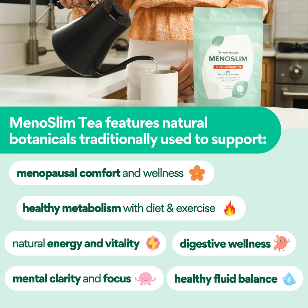 VoomVaya MenoSlim Tea – Menopause & Perimenopause Supplement for Women – Supports Healthy Metabolism & Overall Wellness – Acai Berry Flavor – 30 Tea Bags VoomVaya Au supplements