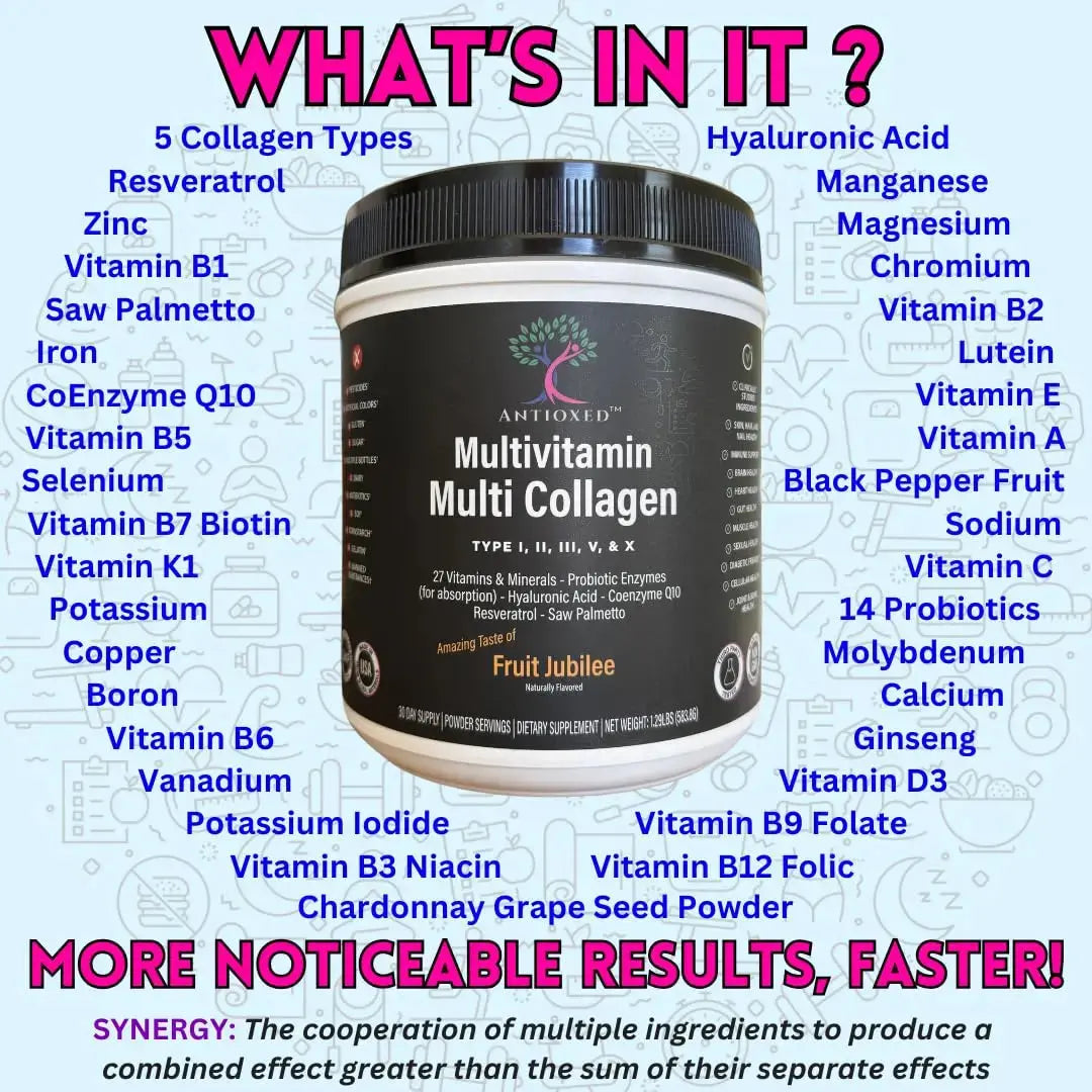 Antioxed Multi Collagen Multivitamin for Women+Men, Keto, Skin, Joint, Cognitive, Heart, Sensual, & Immune Health, Hydrolyzed Peptides, Antioxidants, Probiotics Antioxed Au supplements