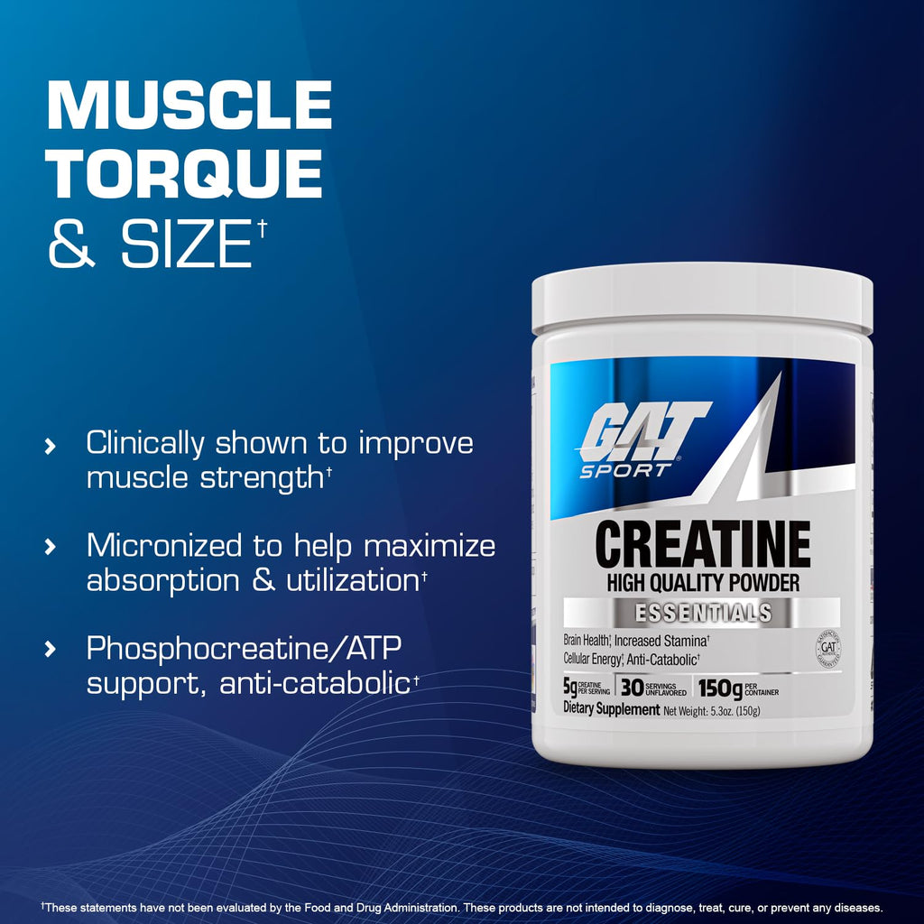 GAT SPORT Creatine Monohydrate Powder, 150 Grams, Strength, Brain Health, GLP1 Support Anti-oxidant, Endurance, for Men & Women, 1 Month Supply, Unflavored (30 Servings) GAT SPORT Au supplements