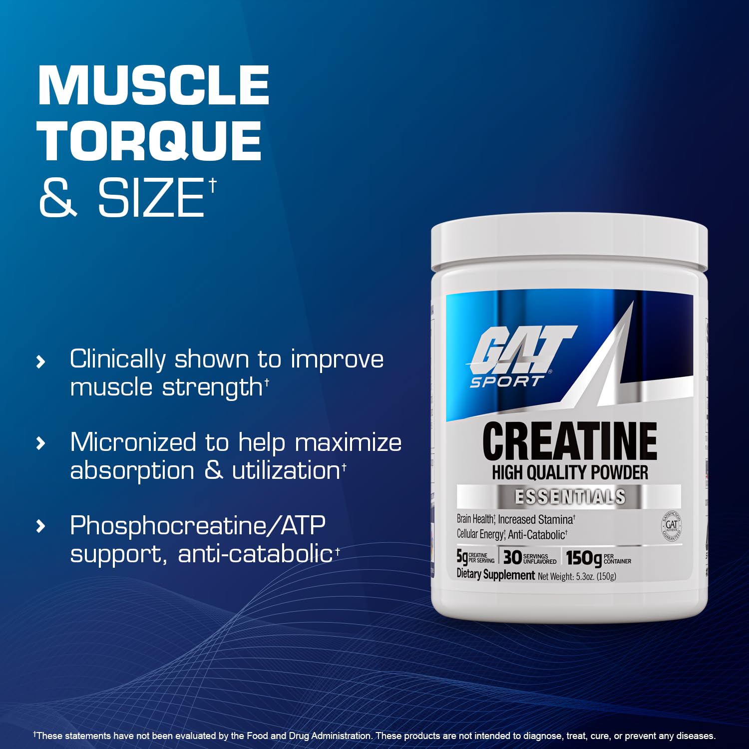 GAT SPORT Creatine Monohydrate Powder, 150 Grams, Strength, Brain Health, GLP1 Support Anti-oxidant, Endurance, for Men & Women, 1 Month Supply, Unflavored (30 Servings) GAT SPORT Au supplements