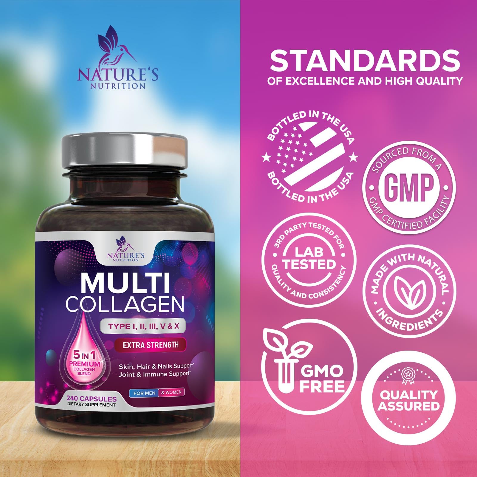 Multi Collagen Pills - Multi Collagen Complex 2400 mg Per Serving - Types I, II, III, V, X - Hydrolyzed Collagen Peptides Supplement - Hair, Skin & Nail Support