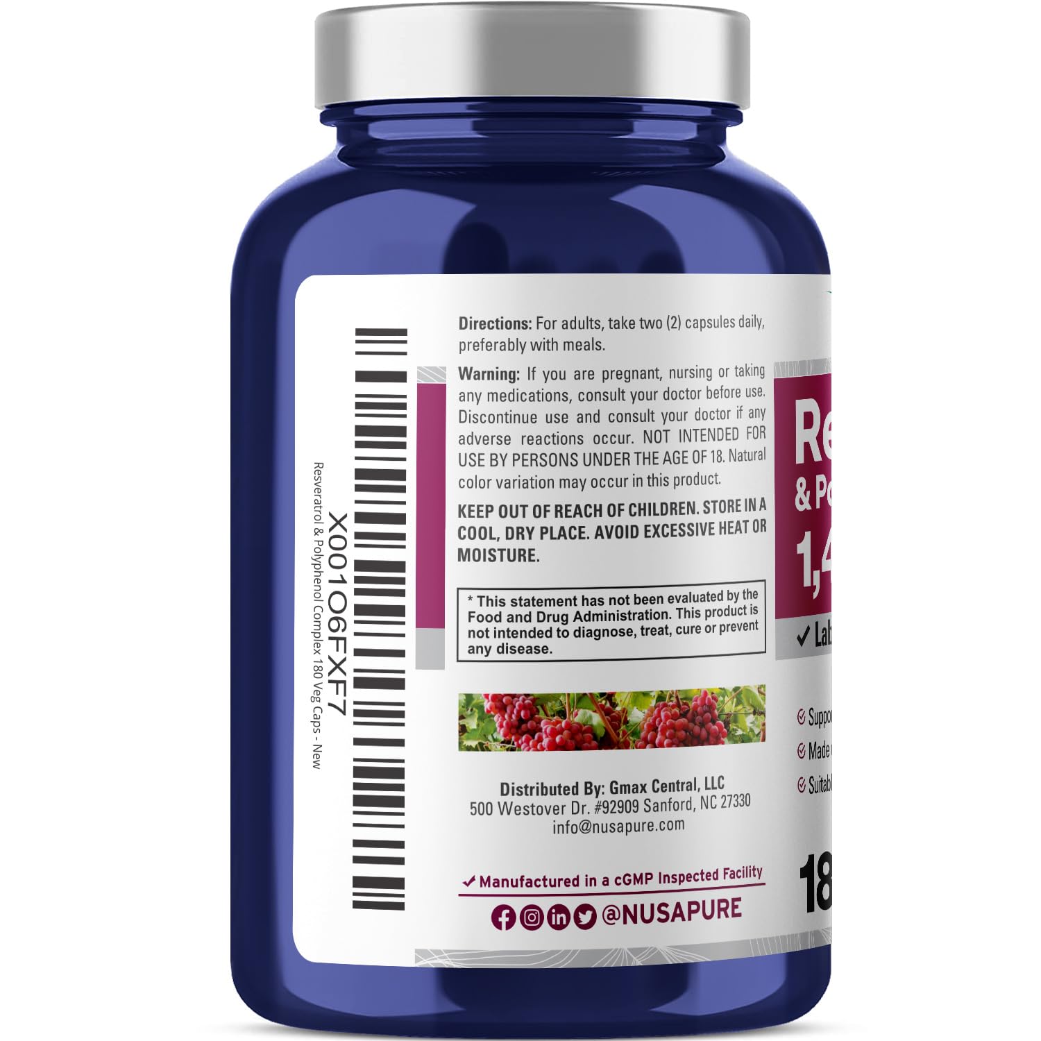 NusaPure Resveratrol & Polyphenol Complex 1450mg 180 Vegetarian Caps (Non-GMO, Vegan) Vitamin C