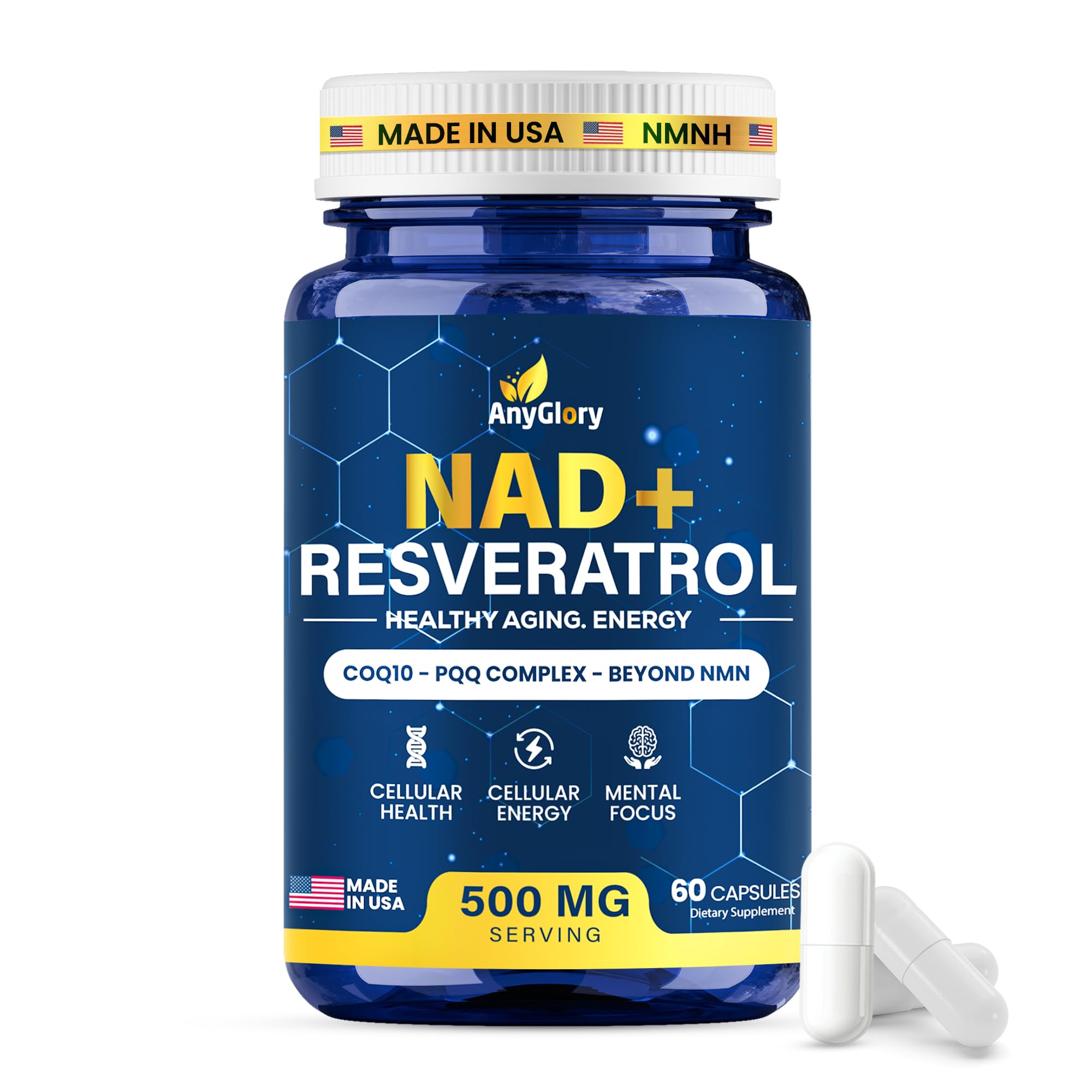 Anyglory NAD+ Supplement with 500mg NR, Resveratrol, CoQ10, PQQ- 5-in-1 NAD Formula |NMN Supplement Alternative|NAD Resveratrol Support Cellular Energy & Healthy Aging-Made in USA-60 Capsules Anyglory Au supplements