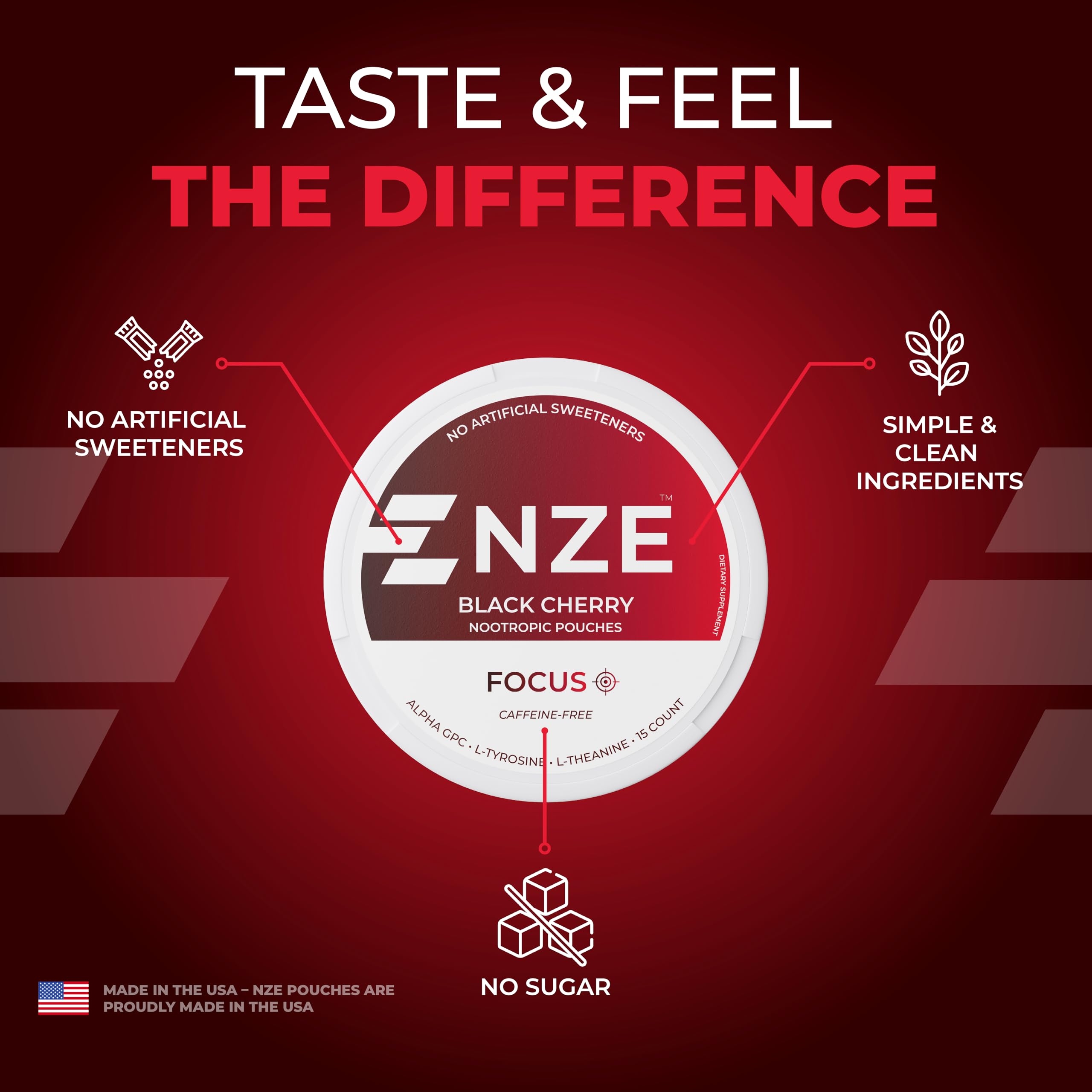 NZE Caffeine Free Nootropic Pouches (Black Cherry) - Nootropic Pouches with Alpha GPC, L-Tyrosine & L-Theanine - No Sugar or Artificial Sweeteners - 15 Pouches Per Can - 5 Pack NZE Au supplements
