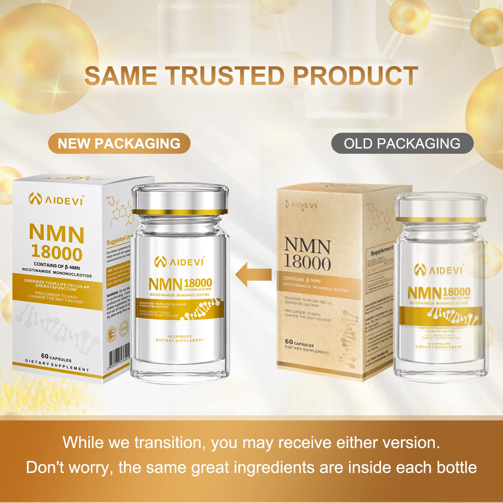 AIDEVI NMN 18000 - Nicotinamide Mononucleotide Supplement with Resveratrol, Stabilized Form & 99% High Purity to Boost NAD+ Levels for DNA Repair Supplement, for Healthy Aging, 60 Capsules AIDEVI Au supplements